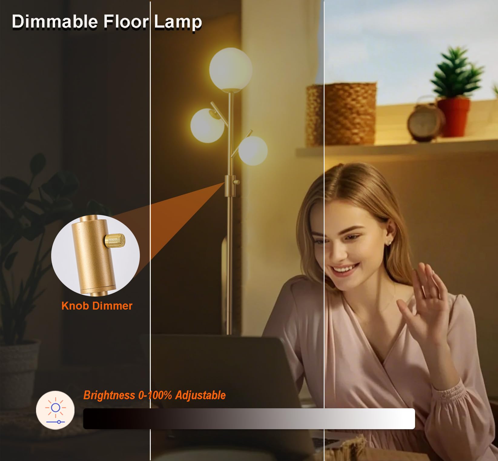 Fiqevs ?Upgraded? Dimmable Floor Lamp, 3 X 800Lm Led Bulbs Included Brightness Adjustable, Mid Modern Globe Floor Lamps For Livi