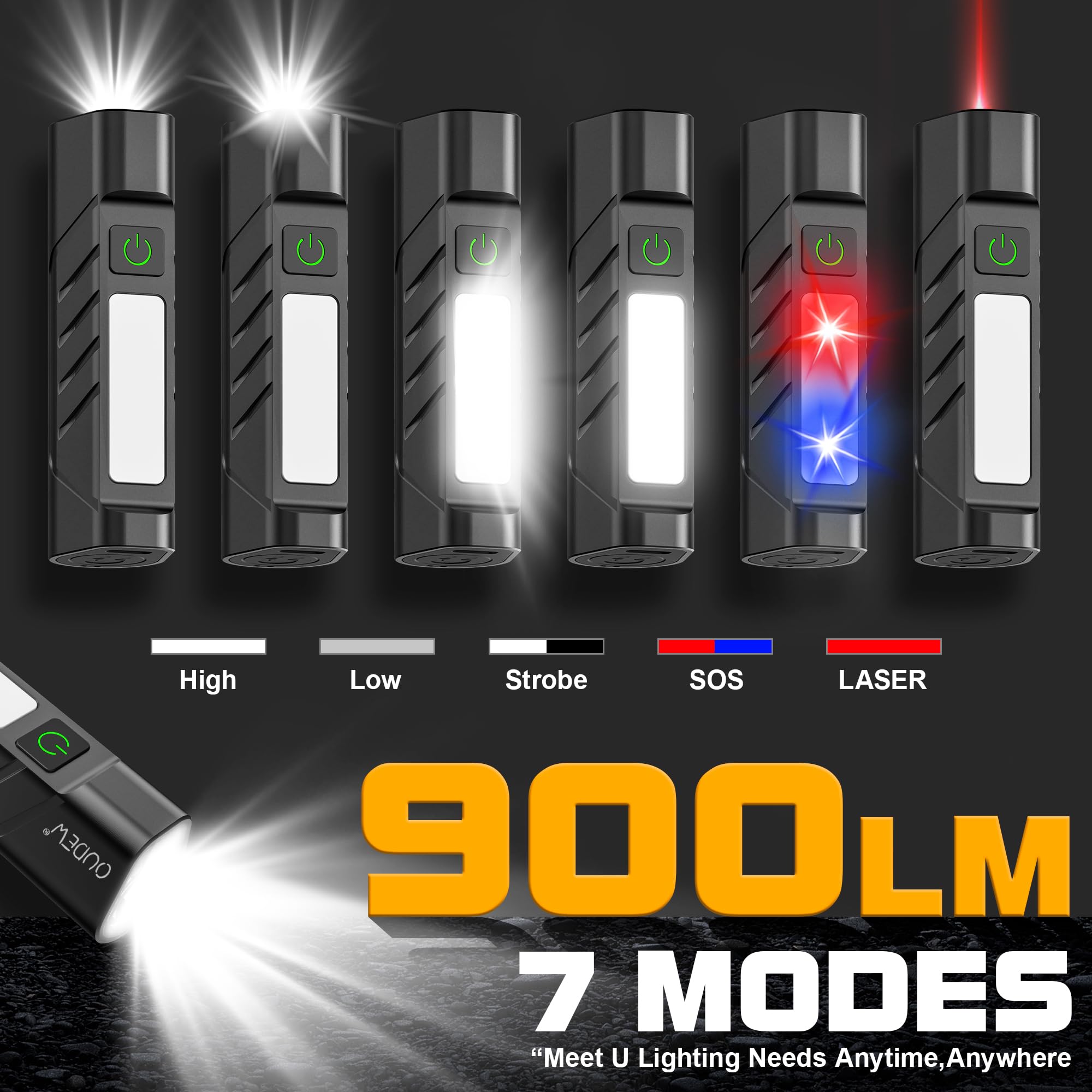 OUDEW Rechargeable EDC Flashlight, 900 Lumens, USB-C Charging, IPX4, Aluminum, Black, Commander Model, Portable Pocket Light