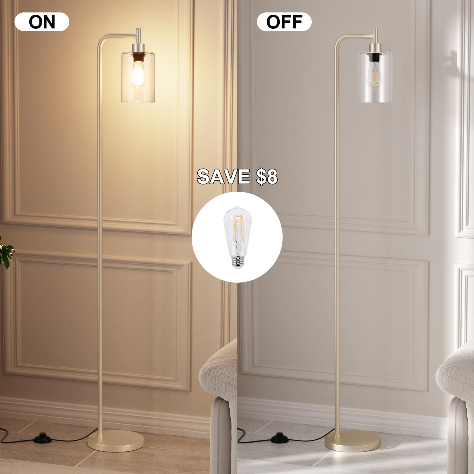 Ziisee Floor Lamps For Living Room - Industrial Standing Lamp With Glass Shade, Modern Gold Floor Lamp With Led Bulb, Tall Lamp