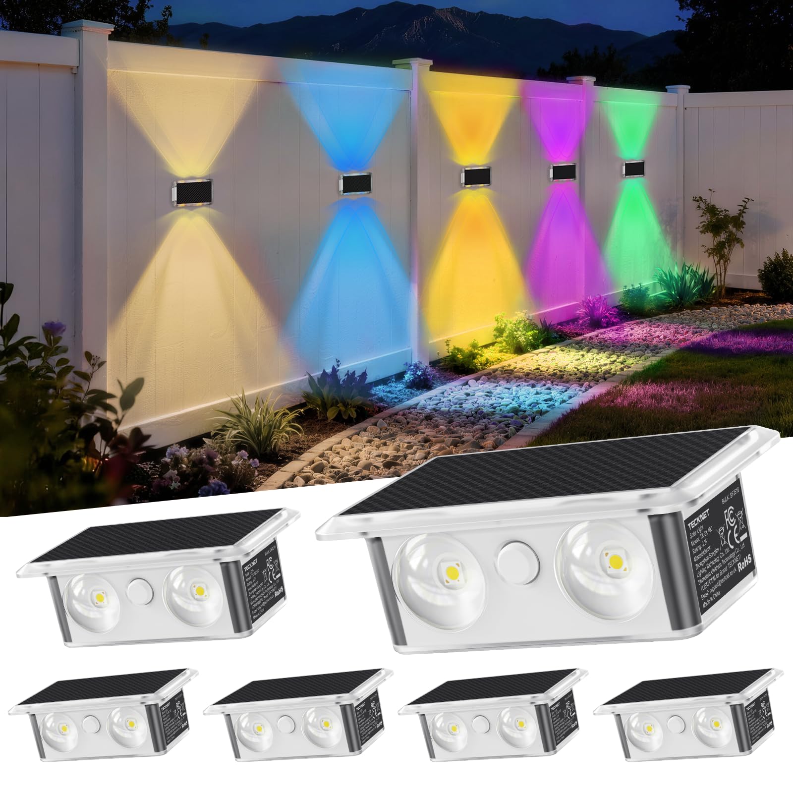 TECKNET Solar Fence Lights, Up Down Lights & 200Wide Lighting, 8 Modes RGB Color Changing, 6 Pack, IP66 Waterproof Dual-Lens LED