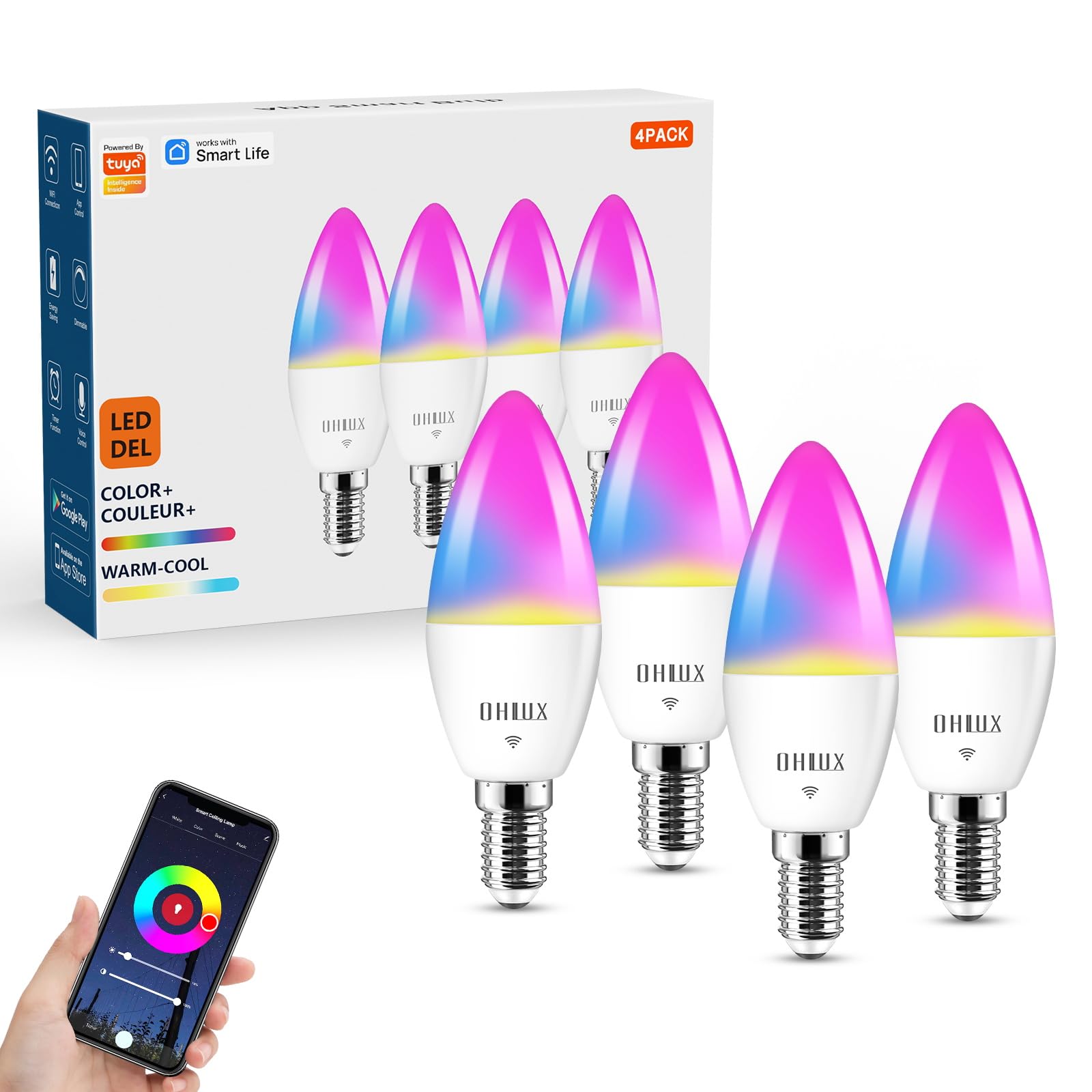 Ohlux Smart Candelabra Led Light Bulbs, 4W 40W Equivalent E12 Base, Compatible With Alexa Google Assistant, Color Changing Bulbs