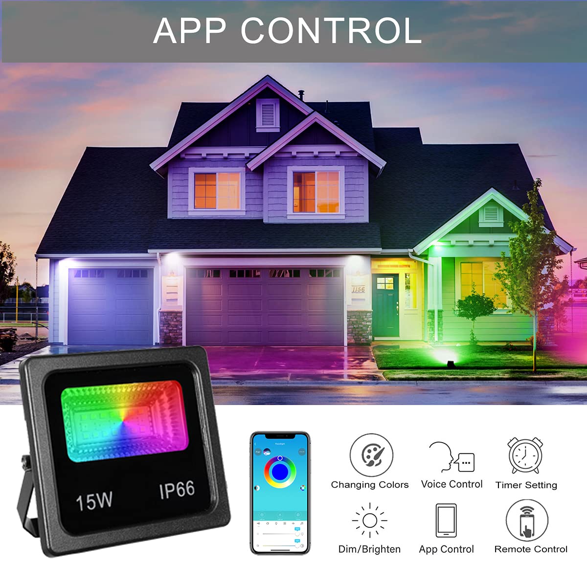 Z 150W RGB LED Flood Lights, IP66 Waterproof, Dimmable, 1 Pack, Remote Control, Multi-Color Uplighting for Indoor/Outdoor Decor