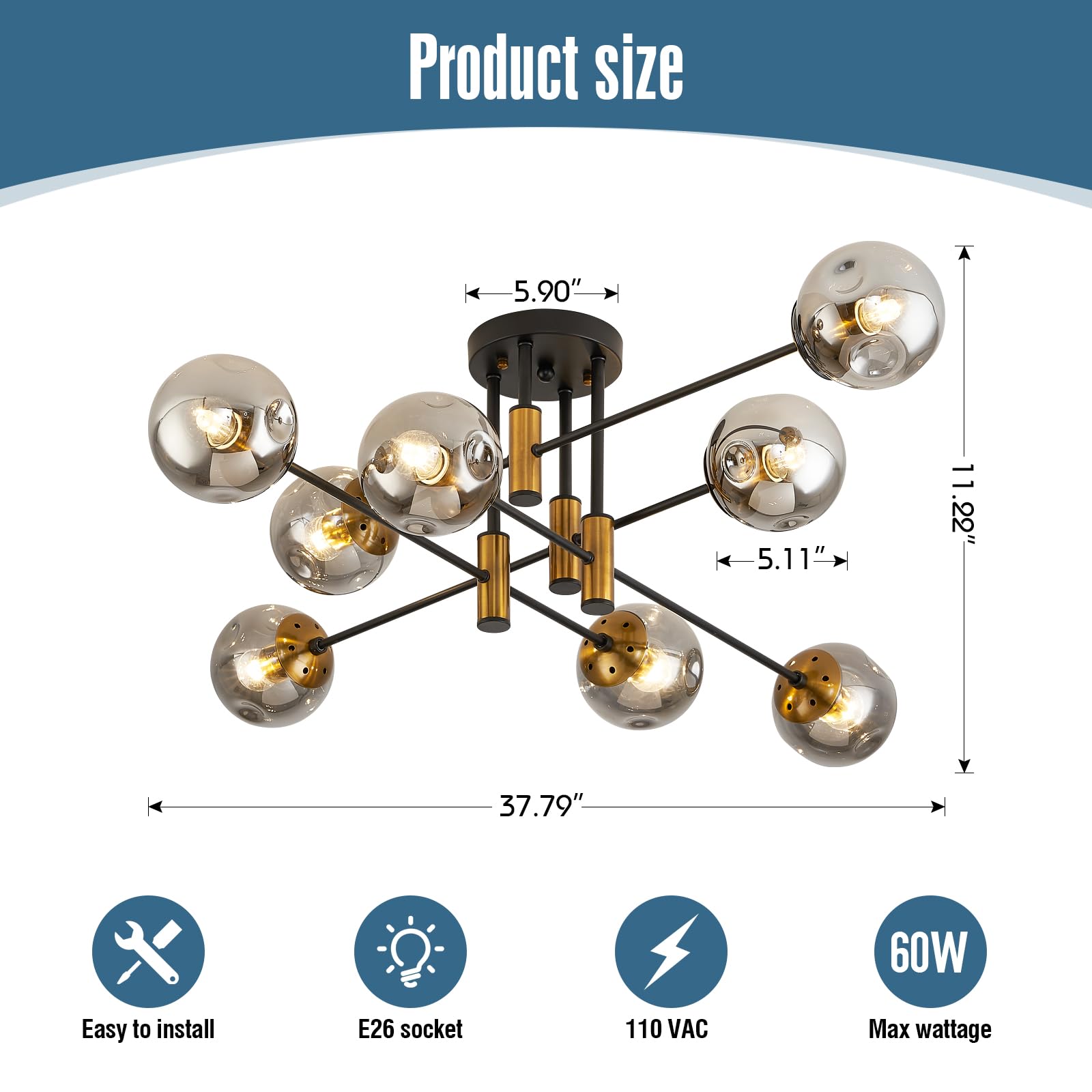 DDLLDESHI 8-Light Sputnik Ceiling Light Fixture, Modern Glass Globe Chandelier, Black Metal for Dining Room, Bedroom, Kitchen