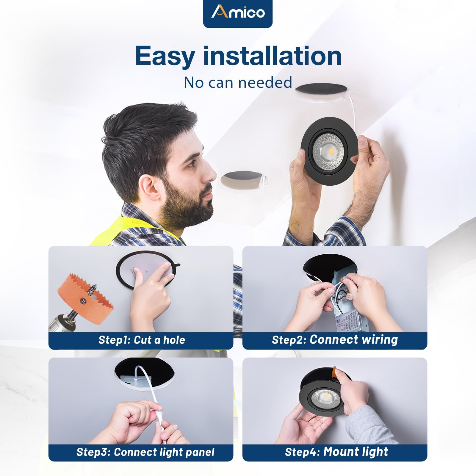 Amico 6 Pack 4 Inch 5Cct Gimbal Led Recessed Lighting  360&90Adjustable Eyeball Directional Downlight  Dimmable  2700K/3000K/3500K/4000K/5000K Selectable  9W 700Lm Cri90+  Black  Etl&Fcc