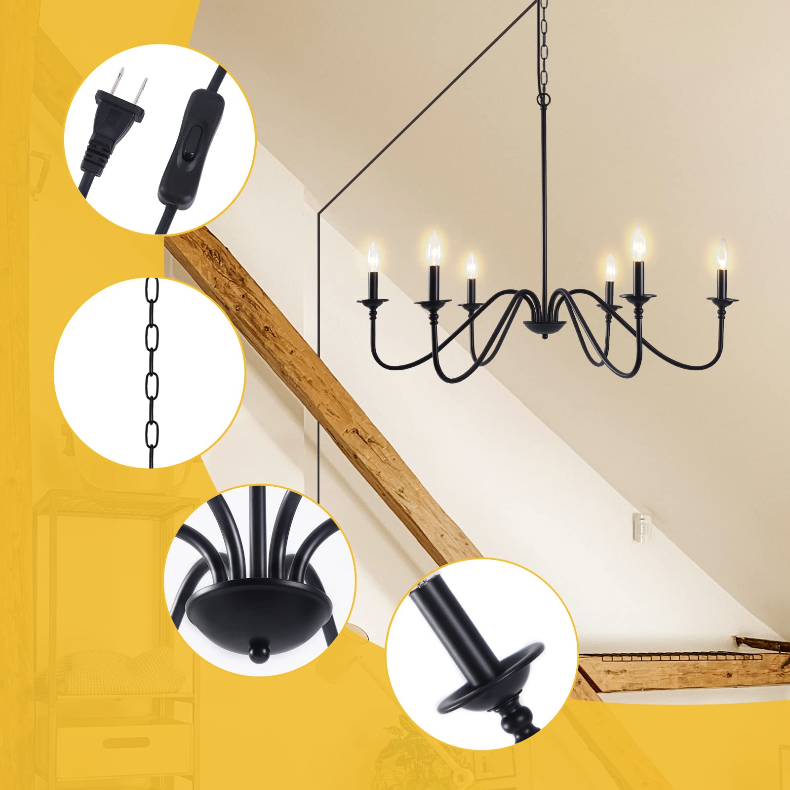 Hoxiya 34.6&quot; Black Chandelier - Pre-Assembled Farmhouse Hanging Light For Living Room & Bedroom