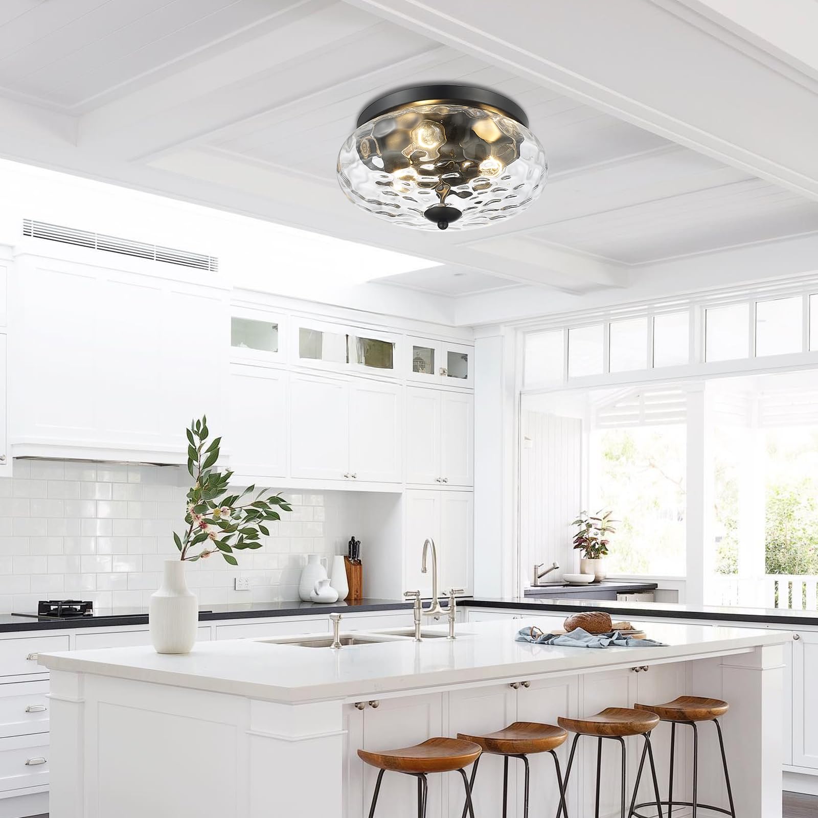 Darkaway Large Ceiling Light Fixtures, 3-Light Flush Mount Indoor Outdoor Ceiling Light With Water Ripple Glass Shade For Hallwa