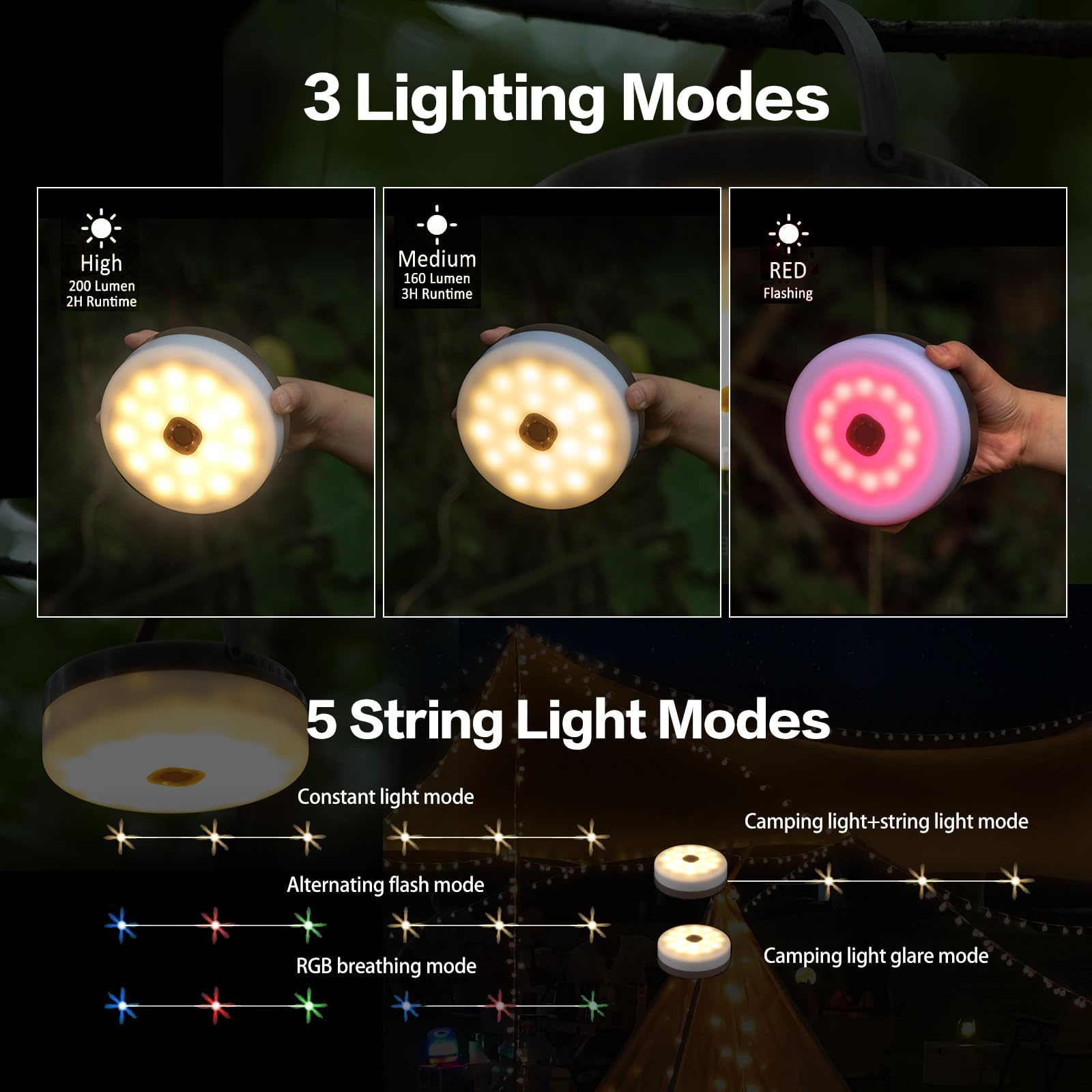 Sutaig Solar Camping String Lights - 4 in 1 Lantern, 8 Modes, 32.8Ft, Waterproof, Type-C Fast Charging, Portable for Outdoor Use