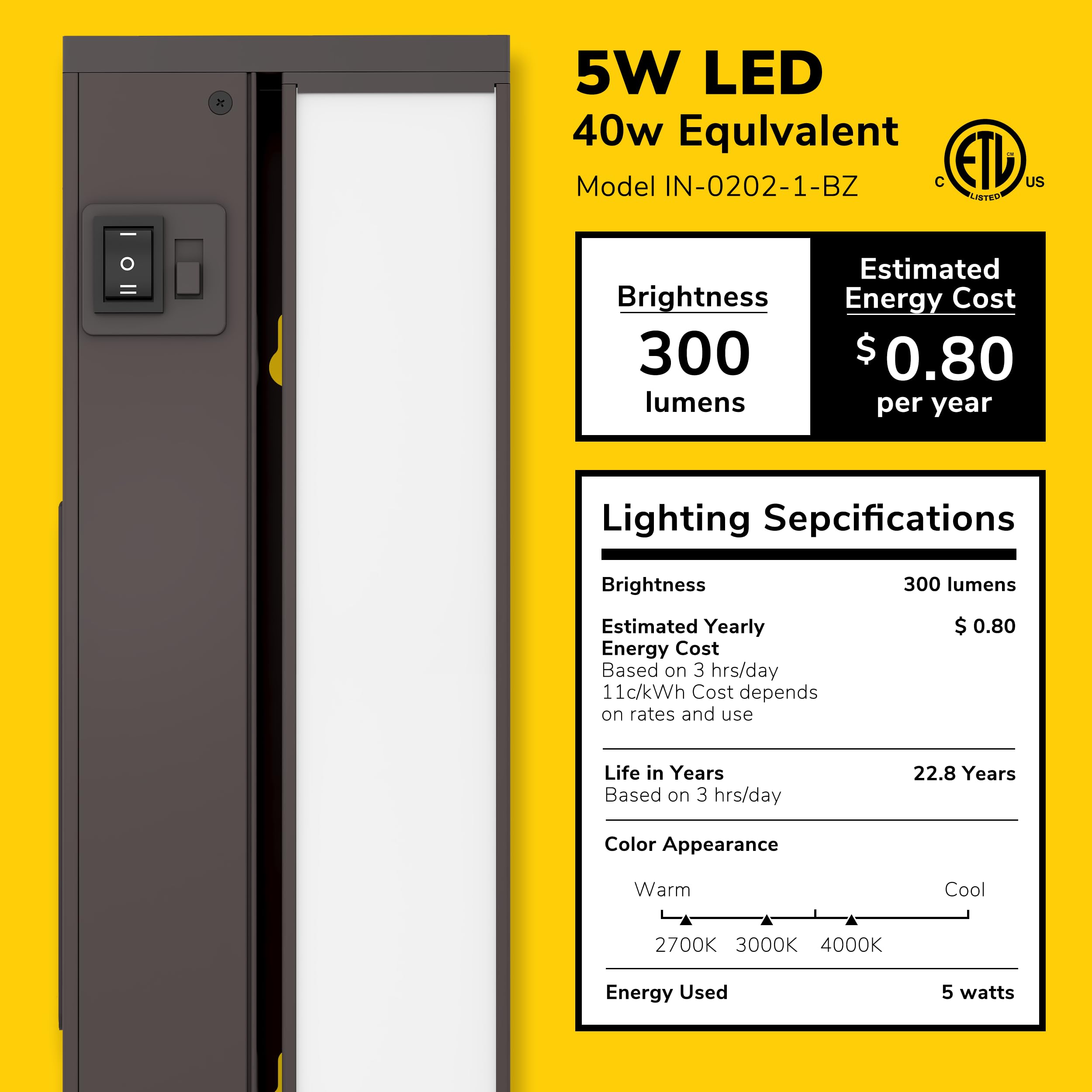 GETINLIGHT 12-inch Swivel LED Under Cabinet Light, Selectable White 2700K/4000K/5000K, Dimmable, Bronze Finish, Model IN-0202
