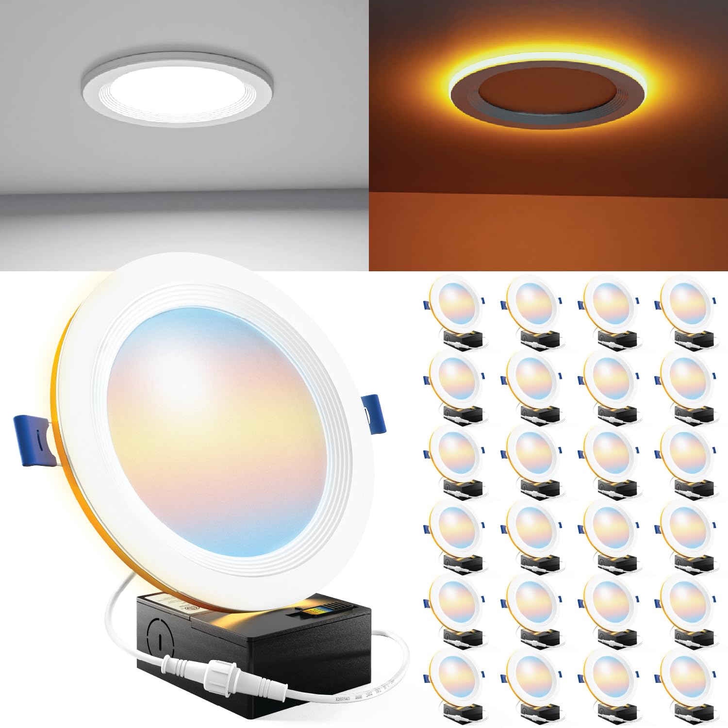 Sunco 24 Pack 6 Inch LED Recessed Light with Night Light, Flush Mount Ceiling Light, Baffle Trim Slim Can Lights, 1500 LM, Selec