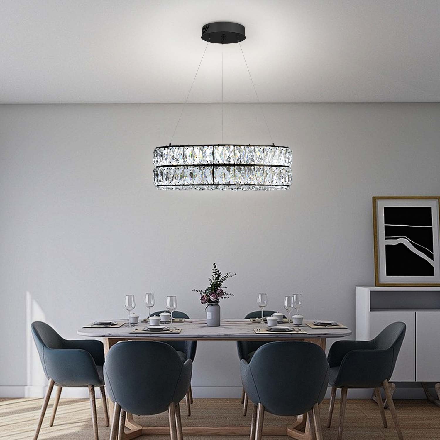Idequy Modern Led Ring Chandelier - Dimmable Crystal Light Fixture For Living & Dining Room - Adjustable 15.7Inch Black