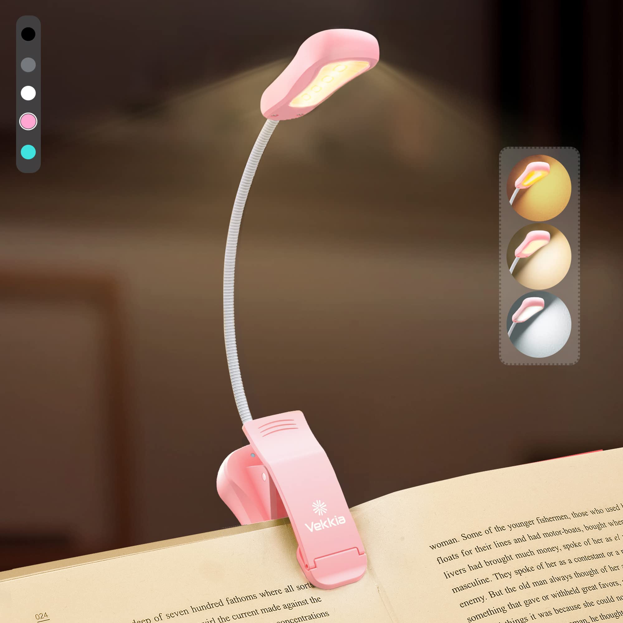 Vekkia Rechargeable Book Light - 3 Colors, 3 Brightness Levels, Lightweight, Up to 70 Hours, Model BK-03-PK, Pink