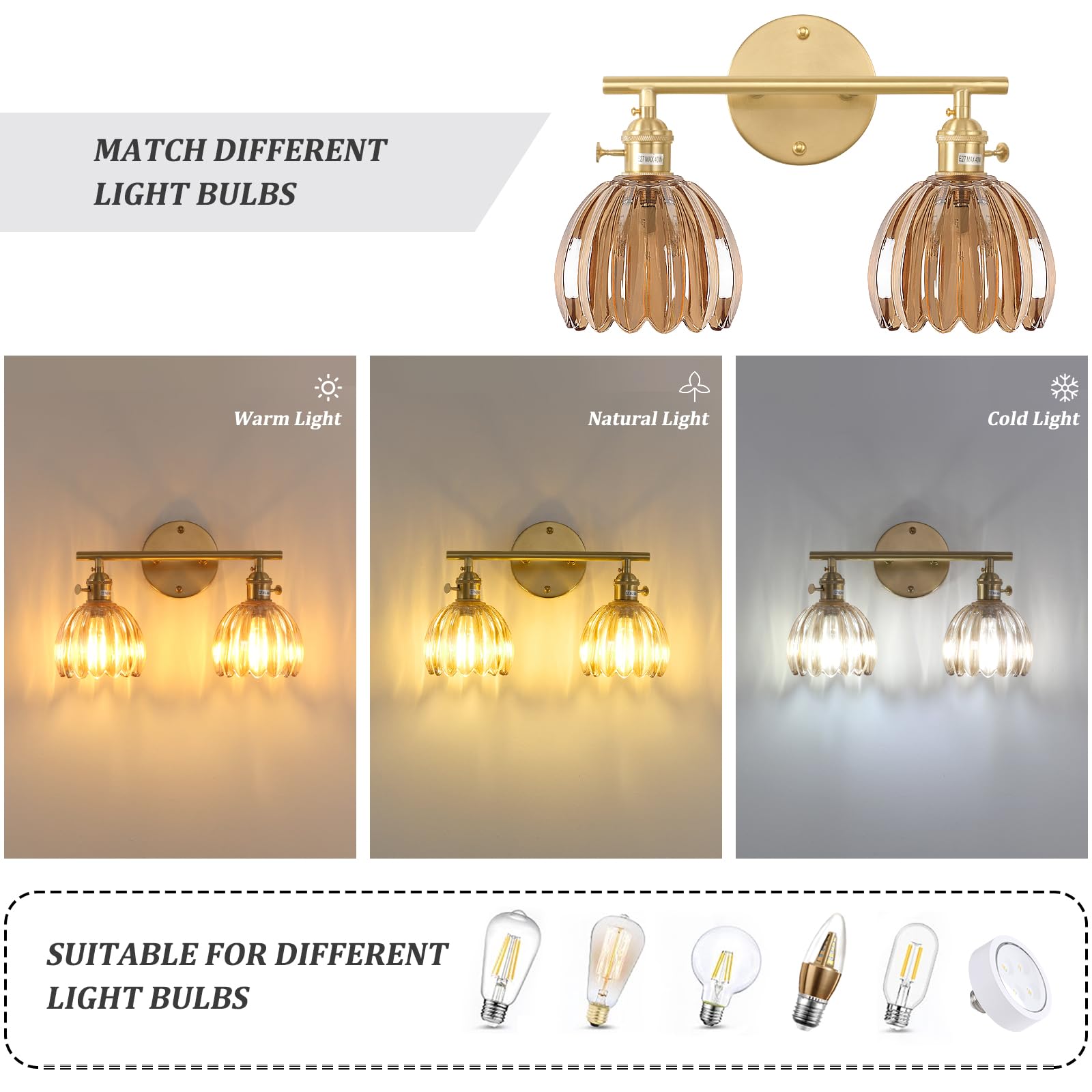 Shenmoyl 2-Light Brass Vanity Wall Light with Amber Tulip Glass Shade, Hardwired Fixture for Bathroom and Living Room, Model 1-9325