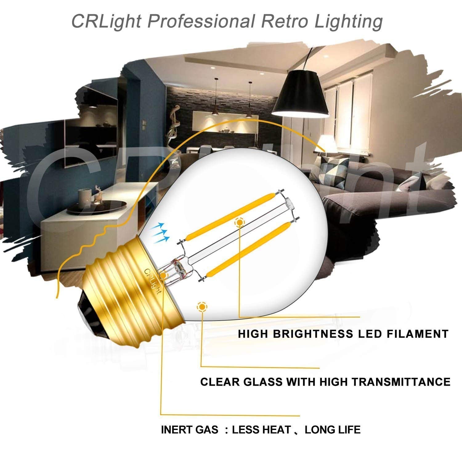 Crlight 2W Led Globe Bulb, 3000K Soft White, Dimmable, Vintage Edison, 8 Pack,