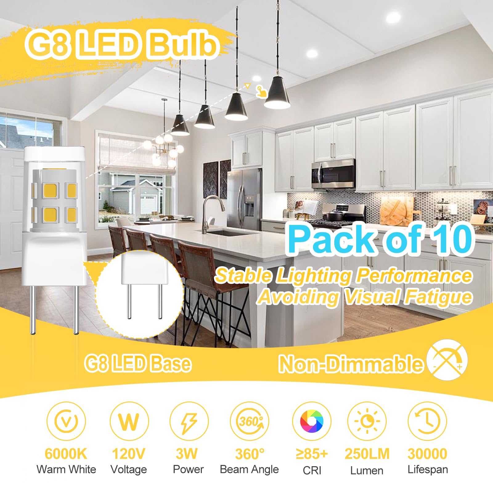 Ssqy G8 Led Light Bulb, Gy8.6 Bi-Pin Base, 3W 120V 20W 35W Halogen Replacement Bulb For Under Counter Kitchen Lighting, Under-Ca