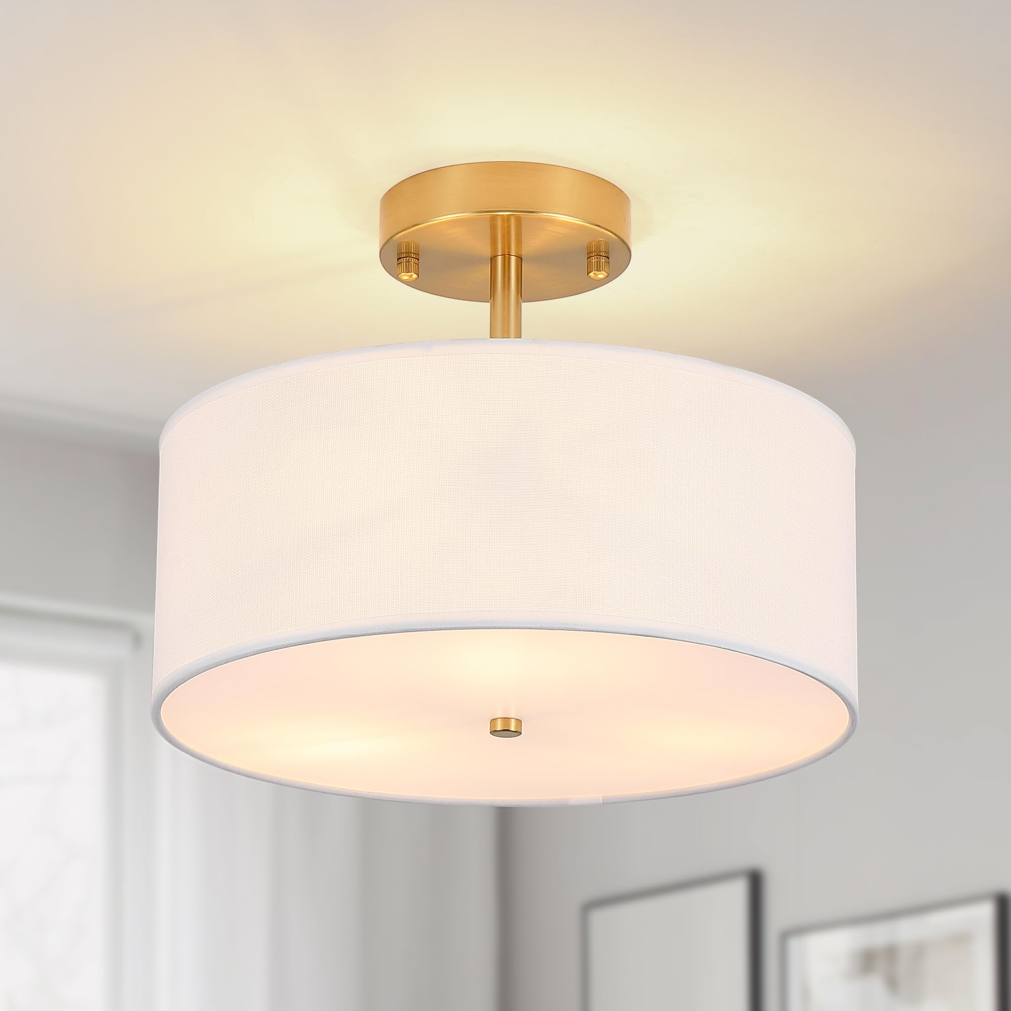 Febeleven 3-Light Semi Flush Mount Ceiling Light Modern Gold Drum Light Fixtures with White Fabric Cover Shade Round Chandelier 