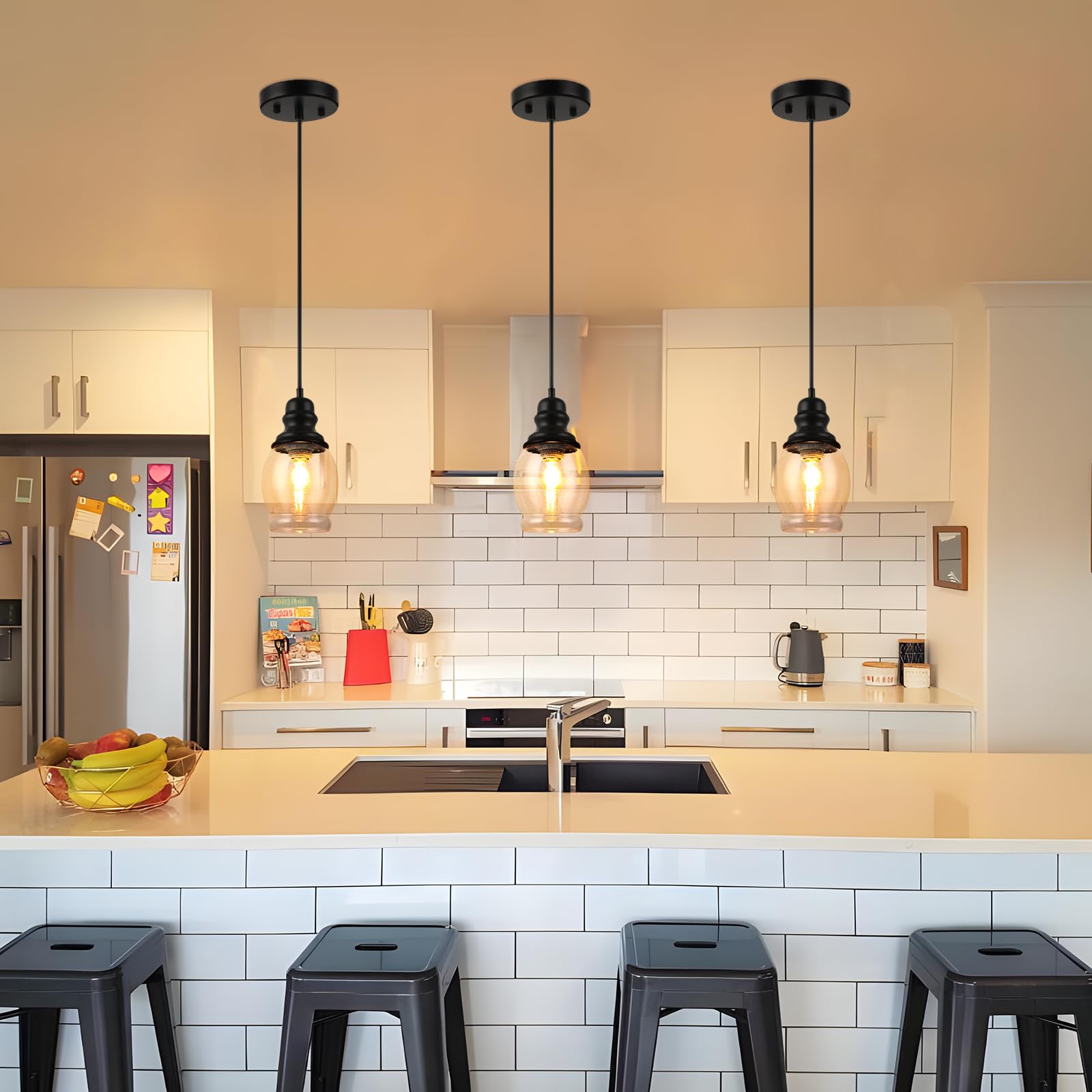 Wilon Mini Pendant Lights For Kitchen, Seeded Glass Pendant Light Fixtures Farmhouse Pendant Lighting Metal Black Pendant Light