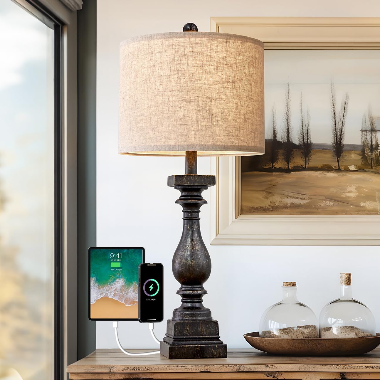 BOBOMOMO Retro Side Table Lamp 27in USB Charging A/C Resin Black 1 Pack Model AMZ-T279BLG-U-1