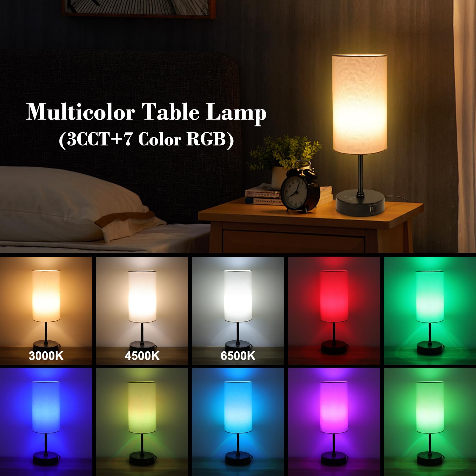 Ascher RGB Table Lamp - Color Changing, 3 Color Temperatures, Dimmable, Touch Control, Cream Shade, Small Bedside Light