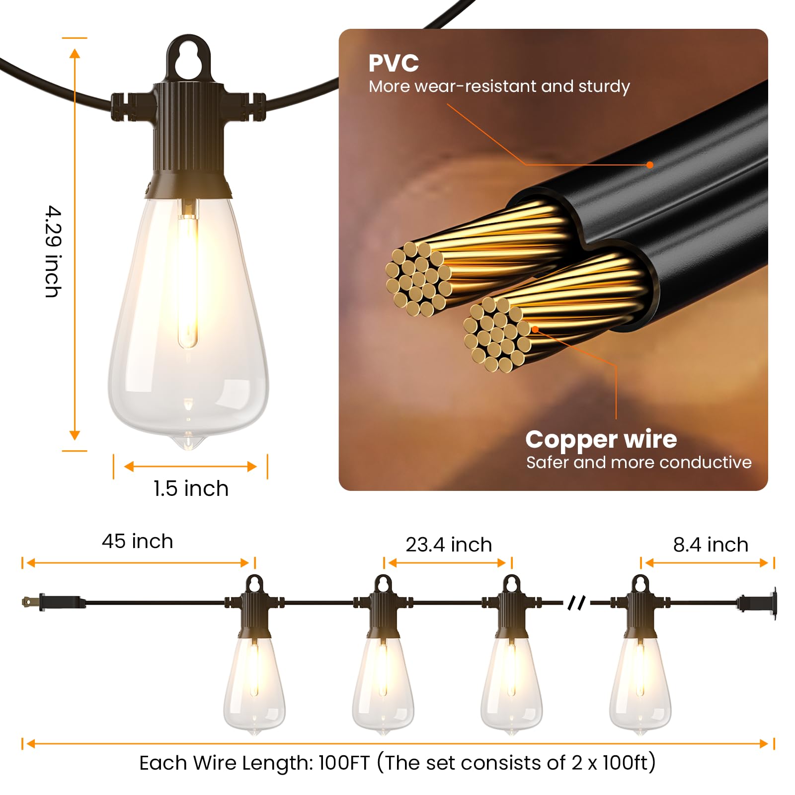 Kawaya 200Ft Patio String Lights: 100+4 Dimmable Waterproof Shatterproof Led Vintage String Lights Commercial Outdoor Lights For Porch Backyard Garden Bistro Outside Balcony Gazebo Party Cafe(100Ftx2)