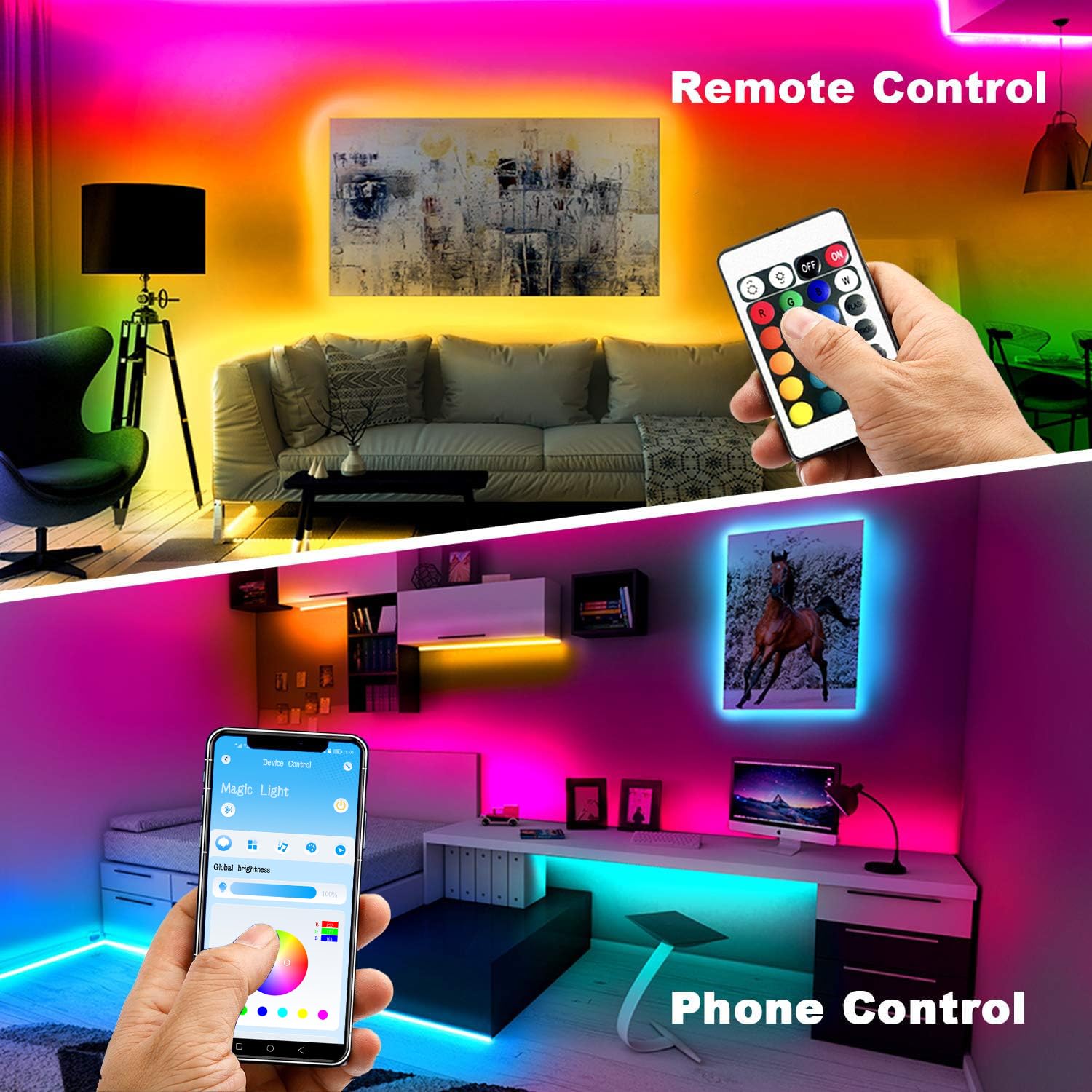 phopollo Bluetooth LED Strip Lights 100ft, RGB Color Changing, App Control, Music Sync, Model PHRGB12D30M