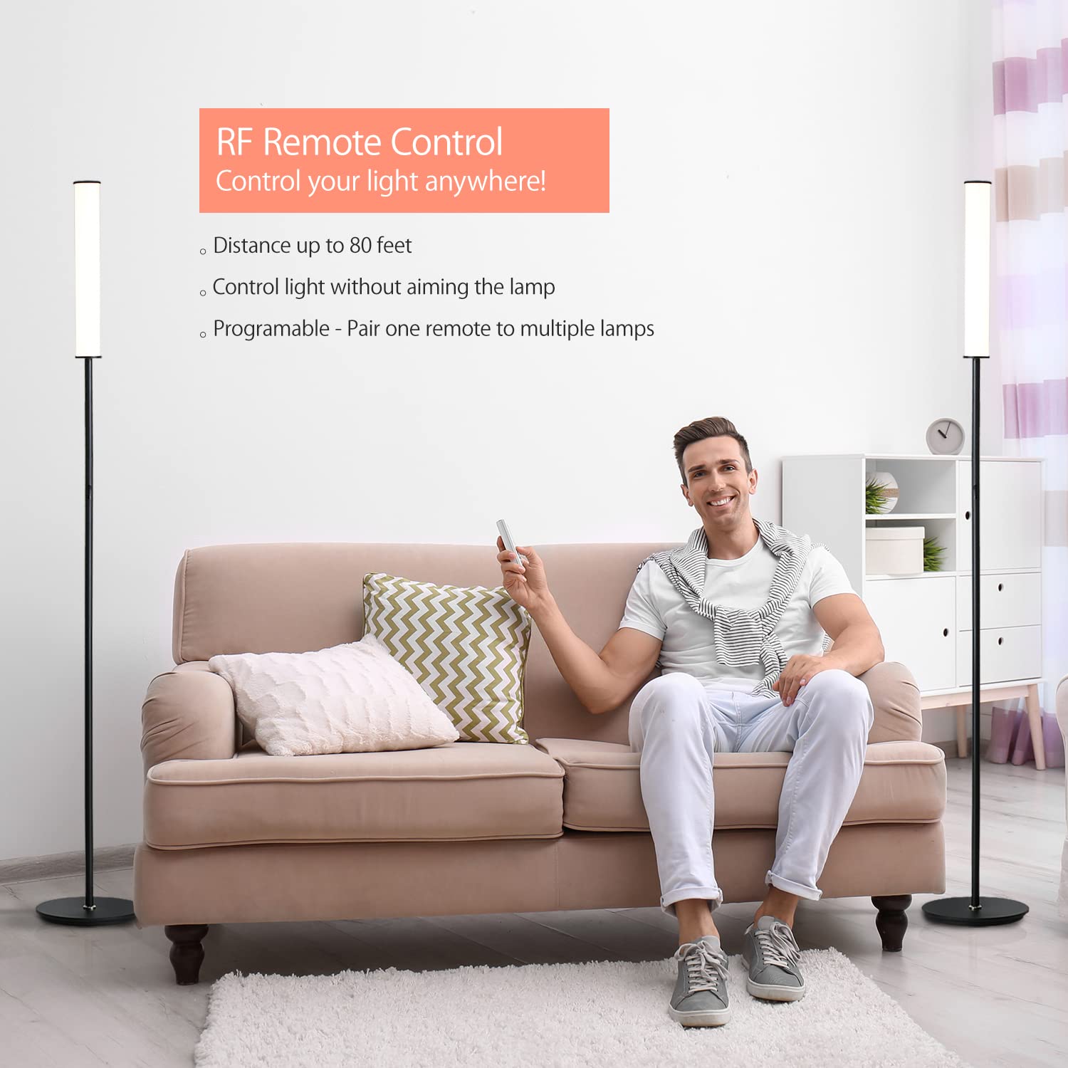 O'Bright LED Cylinder Floor Lamp, Remote Control, Dimmable 3000K-6000K, Black, Model OB-FL09D, Minimalist Design for Living Room and Office