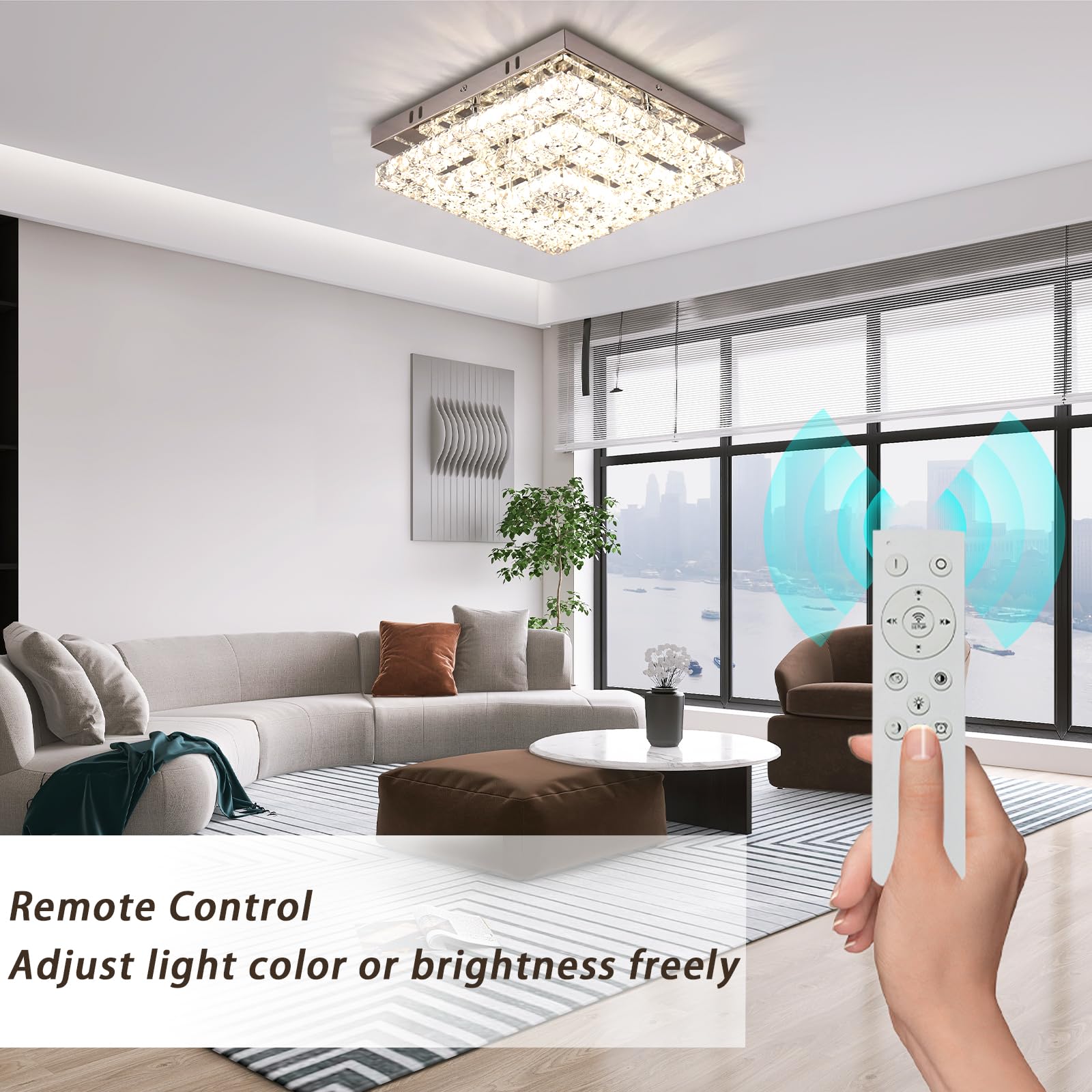 Cainjiazh Crystal LED Ceiling Light Chandelier, 11.8in Square, Dimmable, Stainless Steel and Crystal, Modern Design for Bedroom, Dining Room