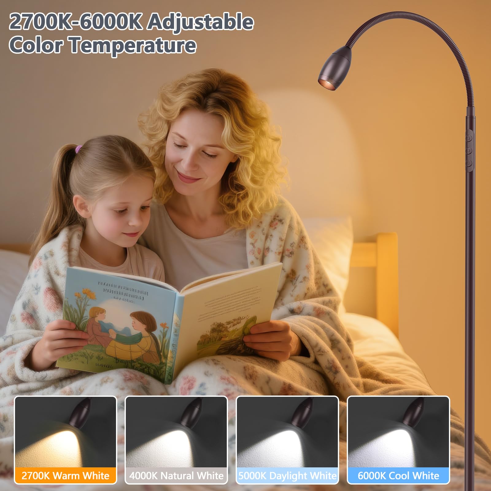 AUZONIMICS Reading Floor Lamp - 72" Tall LED, Flexible Gooseneck, Dimmable, Oil-Rubbed Bronze, Touch & Remote Control, Model FLL-007