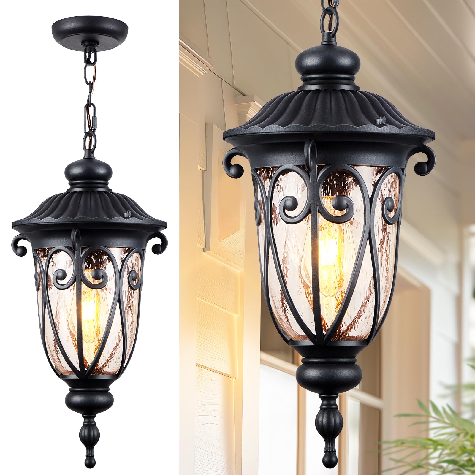 VIANIS Large Outdoor Pendant Lights, Black Hanging Porch Light Fixture, Waterproof Outdoor Hanging Light for House, Doorway, Ent