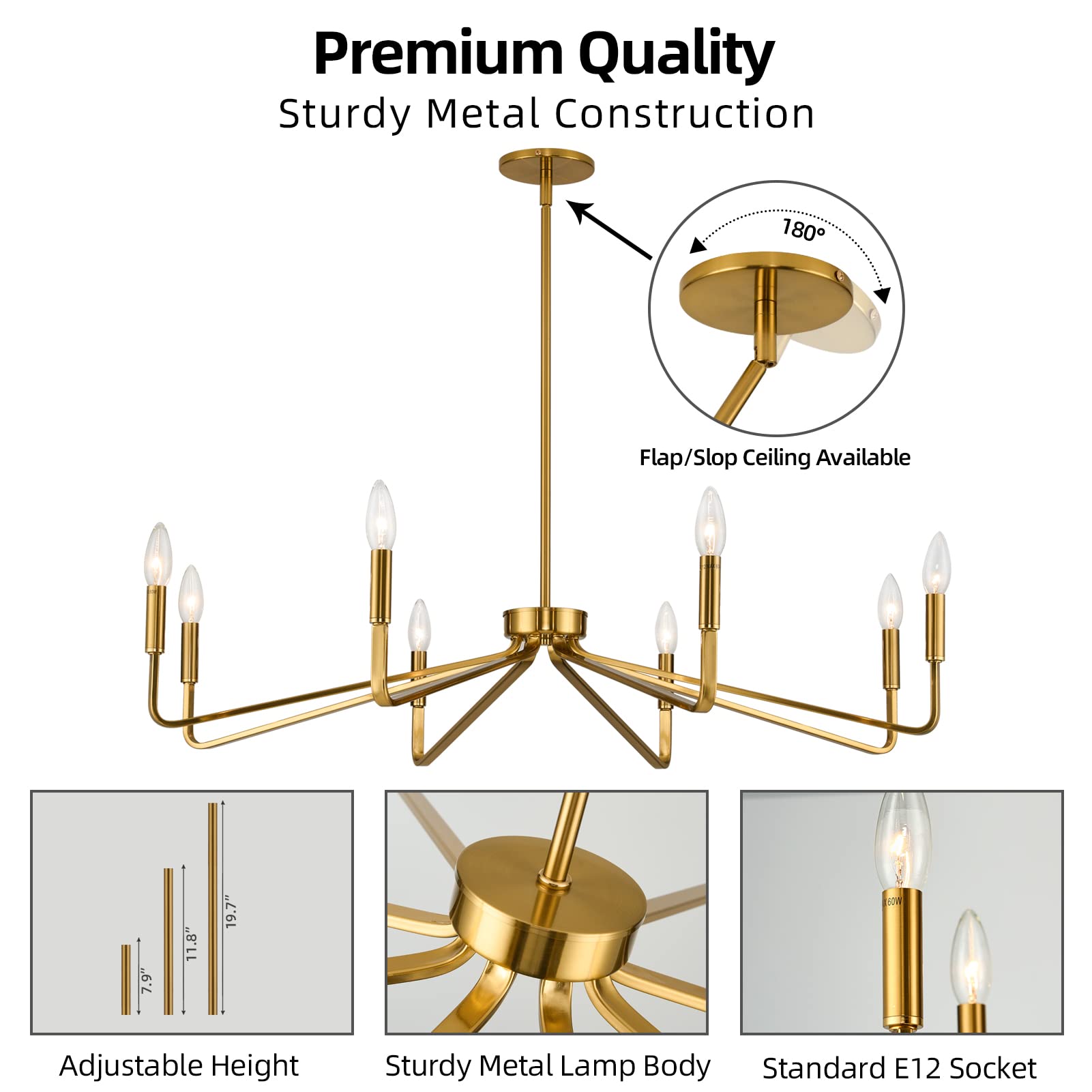 ACANER 38" Gold 8-Light Modern Farmhouse Chandelier, Brushed Brass Metal Ceiling Fixture for Dining Room, Living Room, Kitchen Island