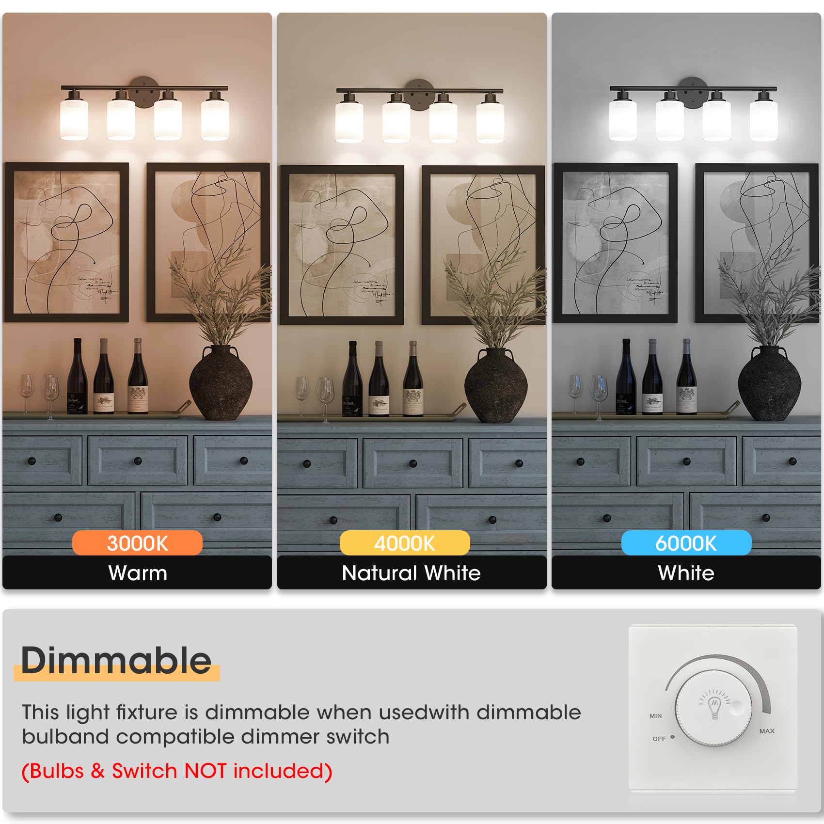 Weyderk Black Bathroom Vanity Light - 4-Light Bathroom Light Fixtures With White Glass Shades, Ul Certification & E26 Base Bathr