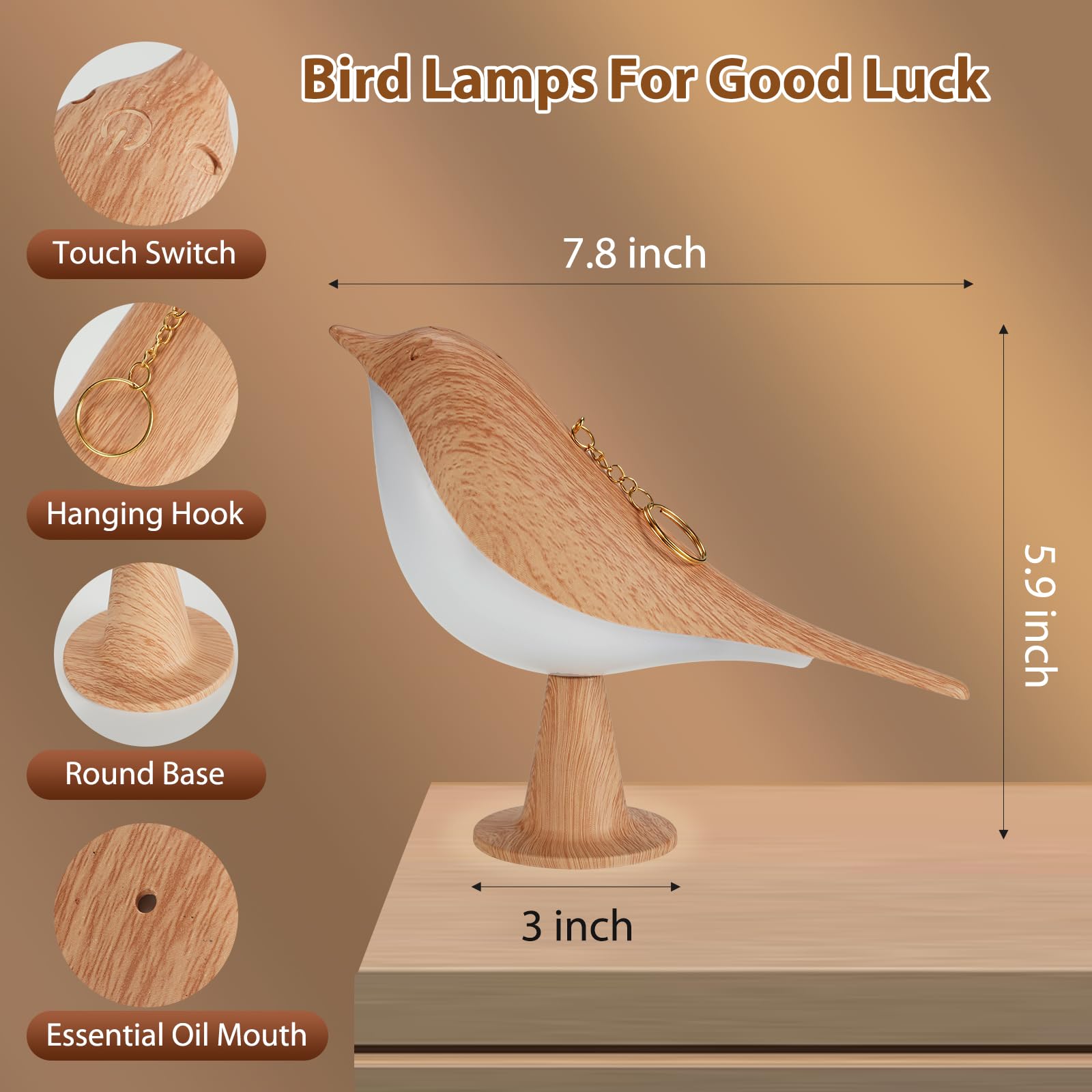Lenporl 2 Pack Bird Led Table Lamp Touch Sensor Bedside Aroma Lamps With 3 Level Brightness Rechargered Abs Dimmable, Cute Creat