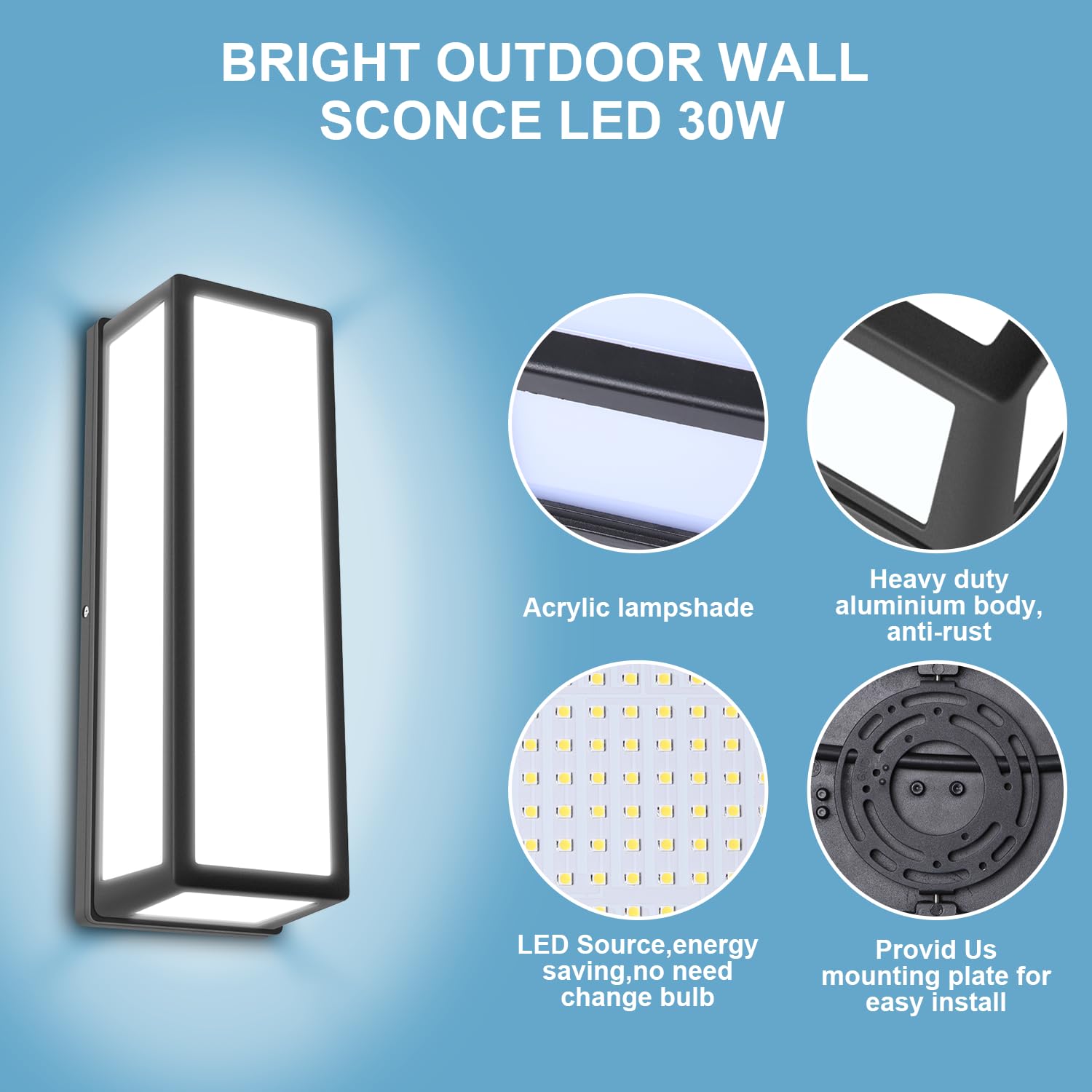 Biritalo 15 Inch Led Porch Light 30W 6500K Outdoor Wall Lighting 2400Lm Aluminum Modern Ip65 Waterproof Exterior Light Fixture Wall Mount For Patio Stairway Backyard