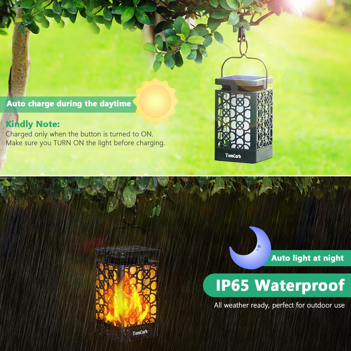 TomCare Solar Lanterns - Upgraded Flickering Flame, Waterproof, 2 Pack, Black, LED Outdoor Lighting for Patio and Yard