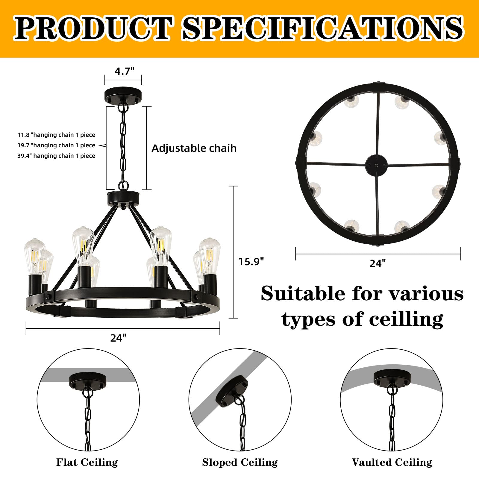 Loftplus Black Modern Farmhouse Wagon Wheel Chandelier For Dining Room Light Fixtures 8 Lights Chandeliers For Living Room Kitch