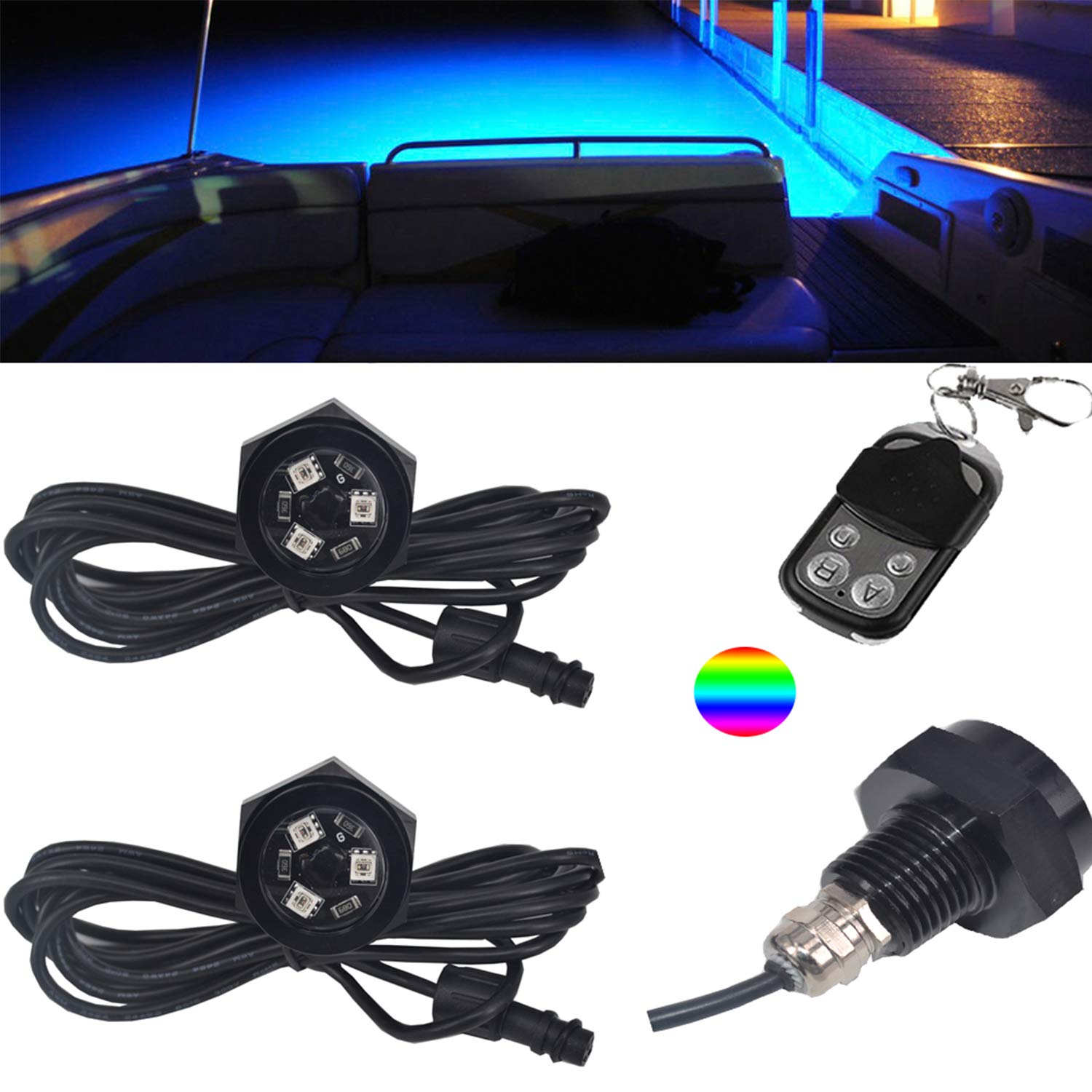 NBWDY RGB LED 1/2in NPT Boat Drain Plug Light Underwater Lights with 4-Key RF Remote Control,DC12V,50000hr Lifespan Marine Led L