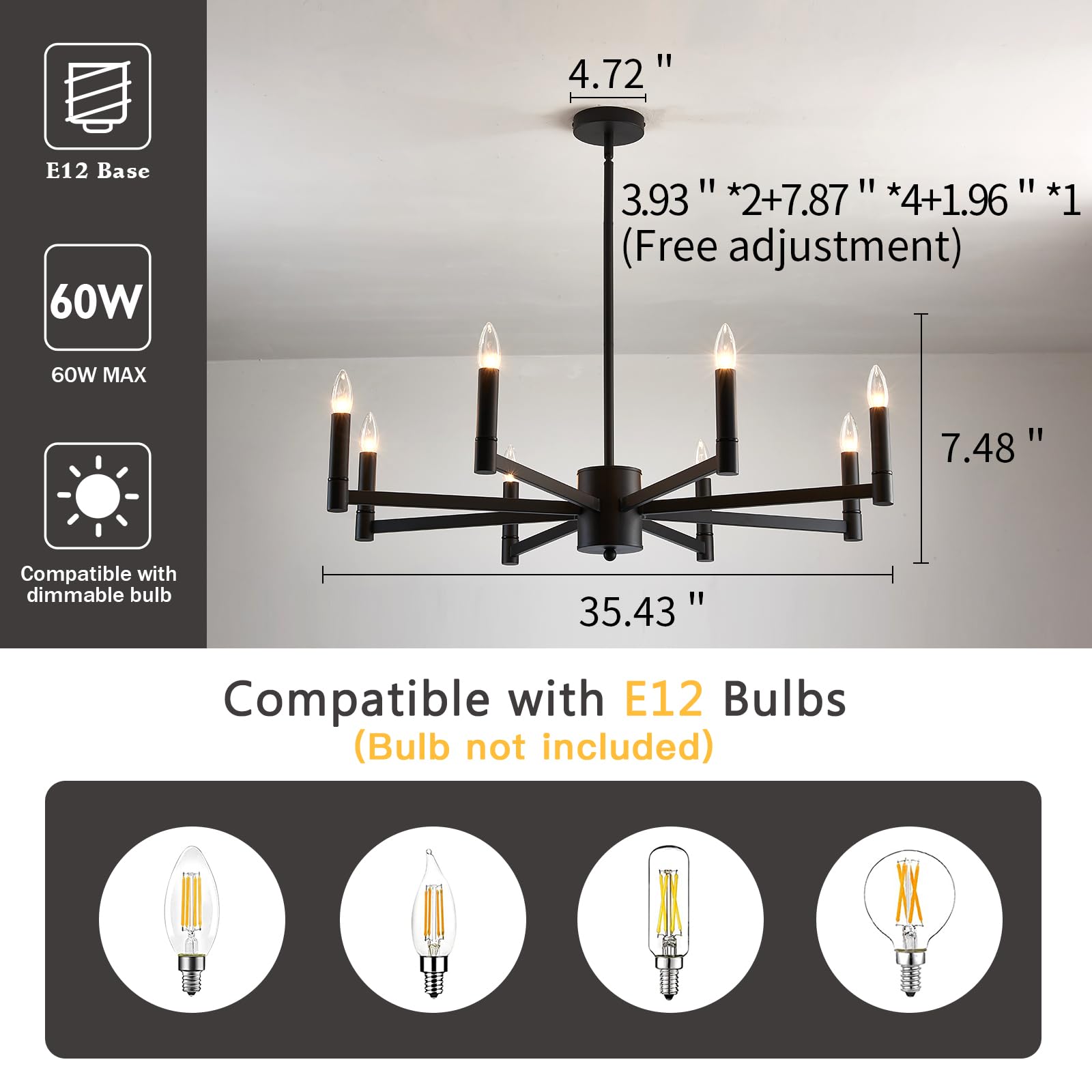 ASGYISA 8-Light Black Farmhouse Candle Chandelier, 35.2" Modern Ceiling Light Fixture for Dining Room, Living Room, Kitchen, Foyer