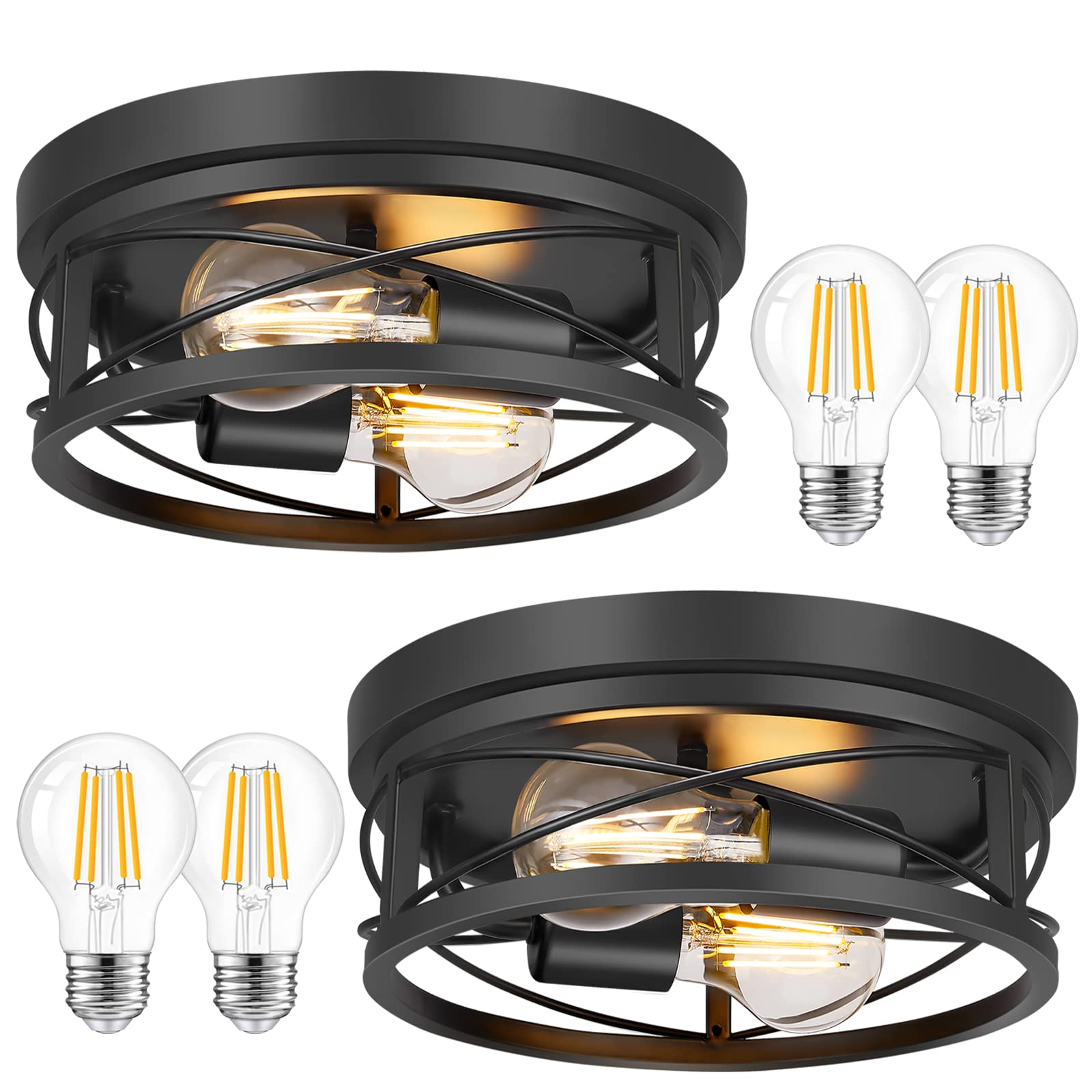 Feanron 2-Pack Farmhouse Black Flush Mount Ceiling Light, Vintage Metal Cage Design, A19 Led Bulbs