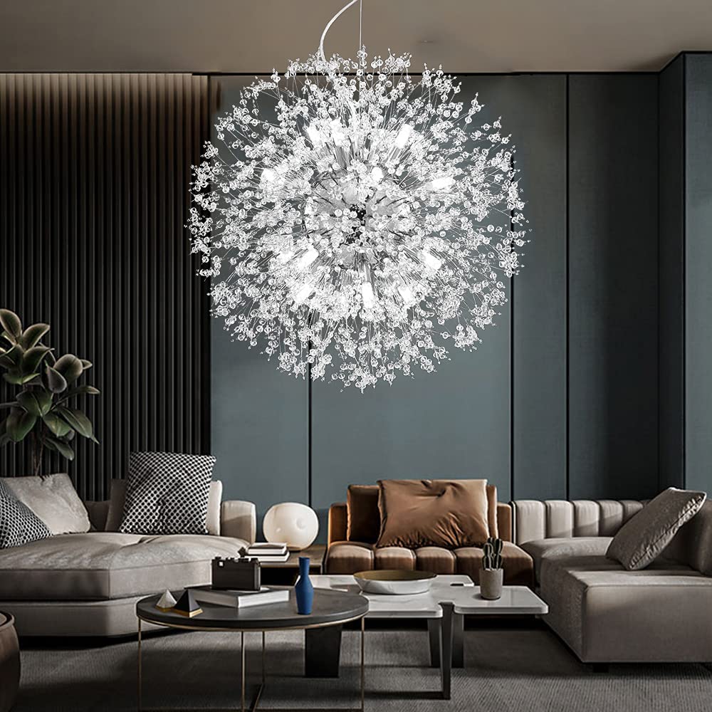 Mivenda Modern Crystal Chandeliers 16-Light Chrome Dandelion Light Fixture,Firework Chandelier,Personalized Ceiling Hanging Ligh