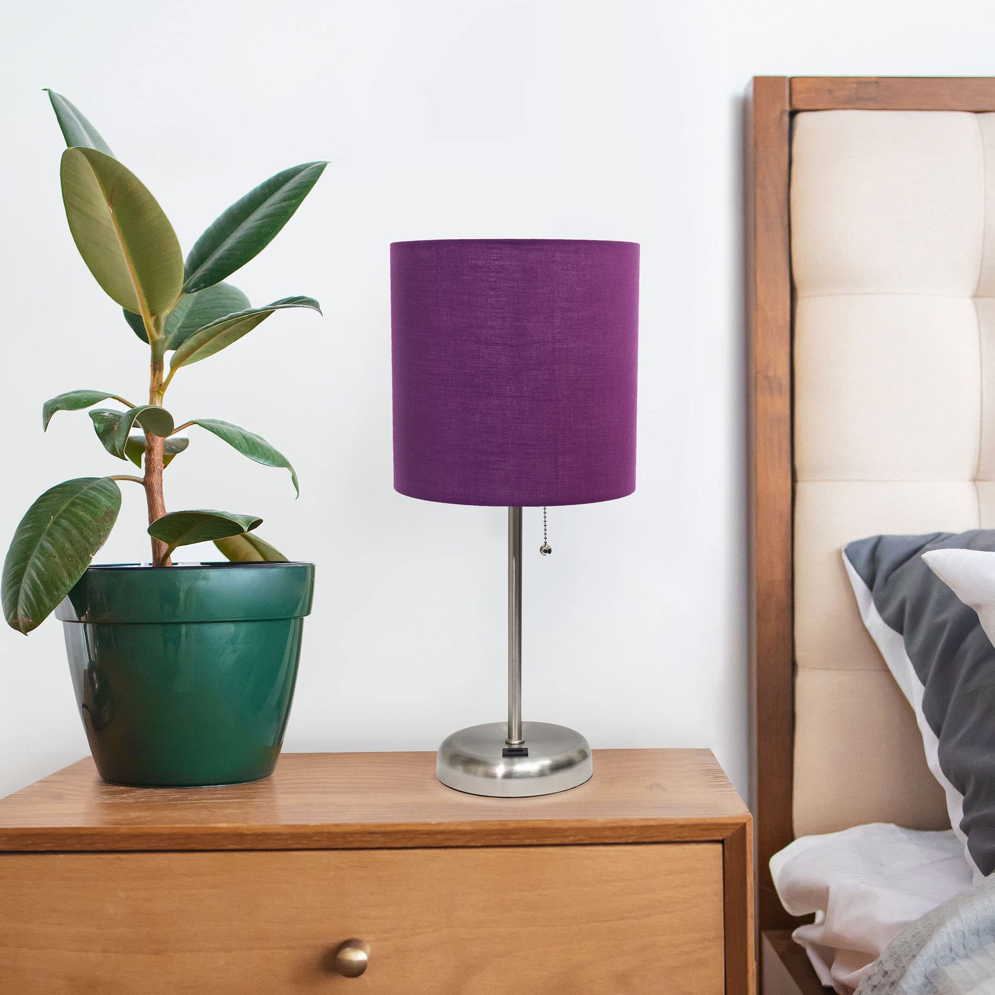 Creekwood Home Oslo 19.5" Contemporary Bedside Usb Port Feature Standard Metal Table Desk Lamp In Brushed Steel With Purple Drum Fabric Shade