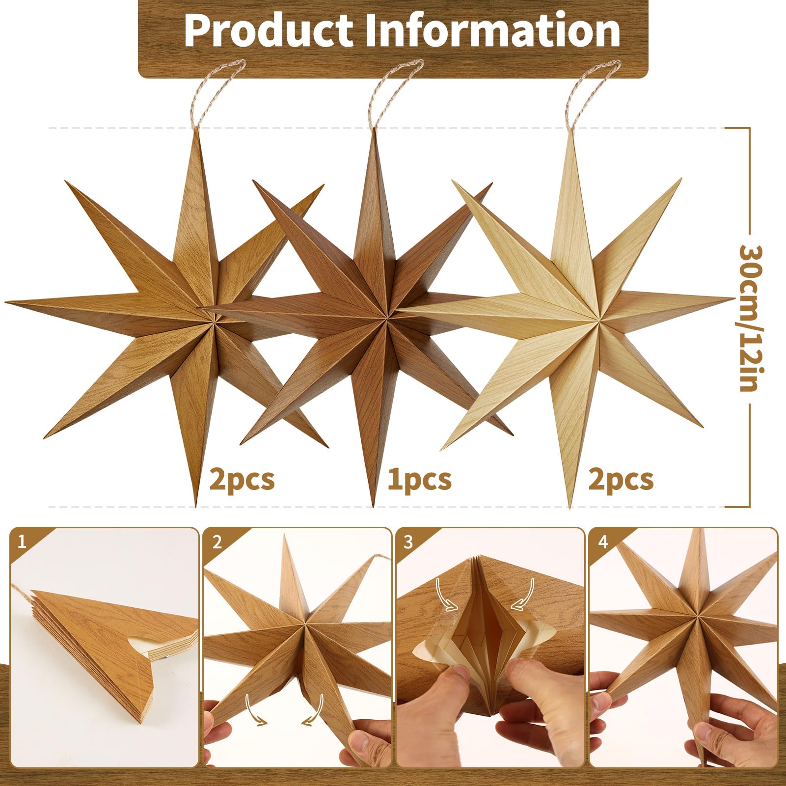 Sunbeauty 8-Pointed 12 Inch Paper Star Lanterns Brown Wooden Christmas Lanterns Hanging Lamp Paper Decorations Shade Wedding Bir