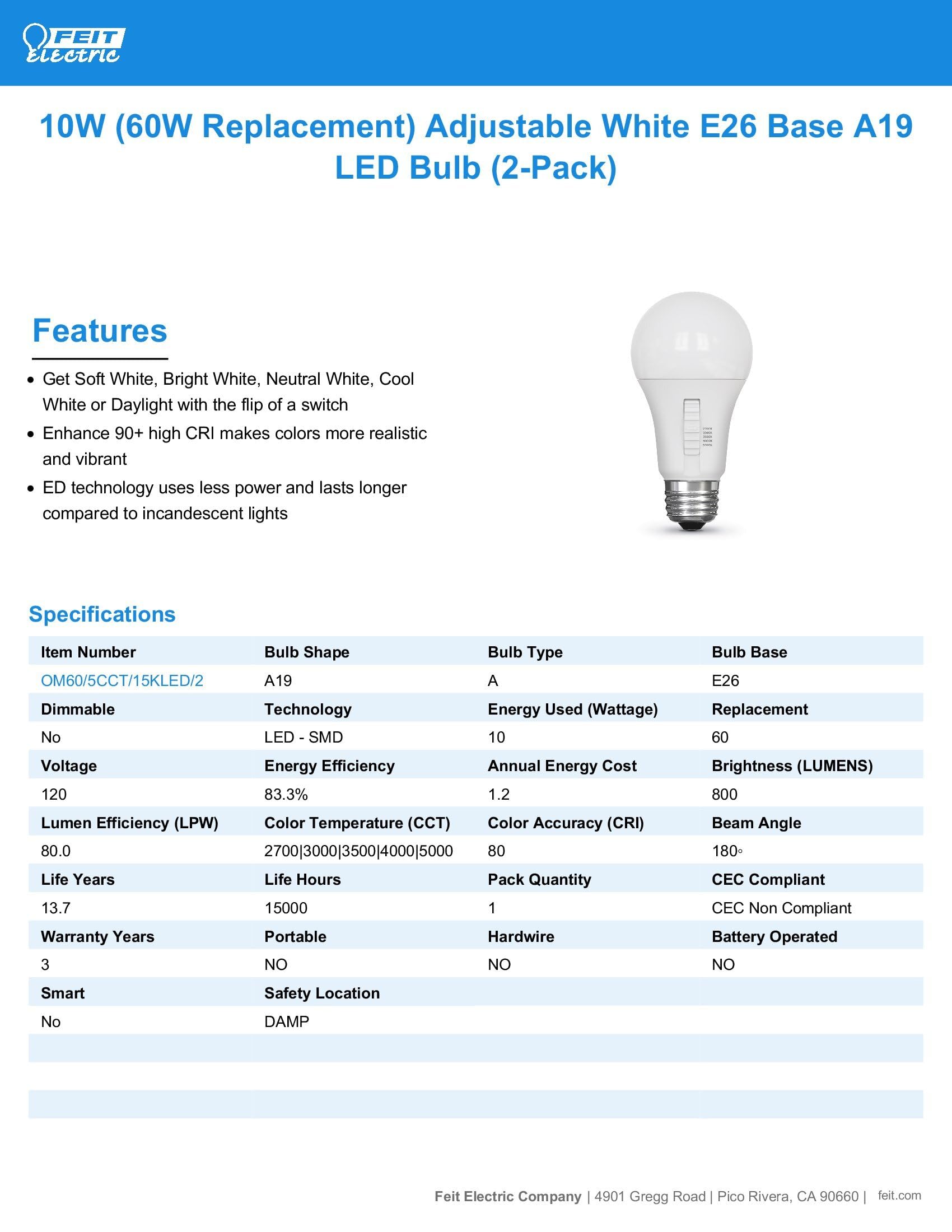 Feit Electric A19 LED Light Bulb, 60W Equivalent, Non-Dimmable, 800 Lumens, Adjustable White, E26 Base, 2 Pack