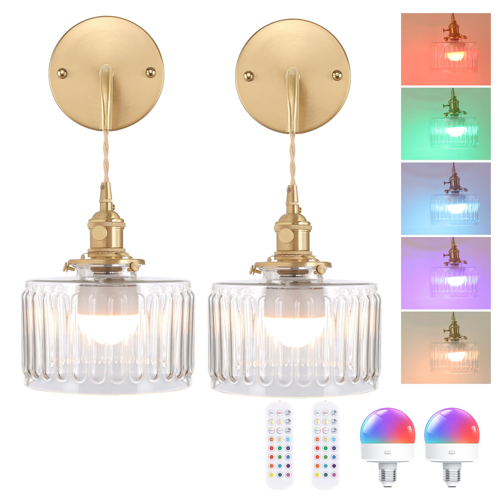Shenmoyl Battery Operated Wall Sconce, Retro Gold, Clear Striped Glass Shade, Adjustable Chain, Set of 2