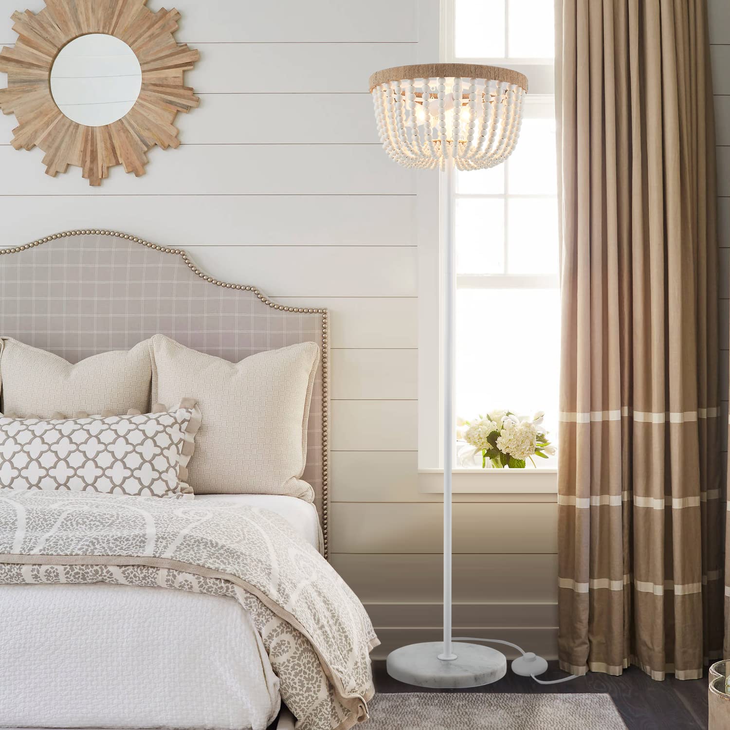 VILUXY Boho Floor Lamp - 3-Light White Wood Beaded Shade for Bedroom, Living Room, Girl Room