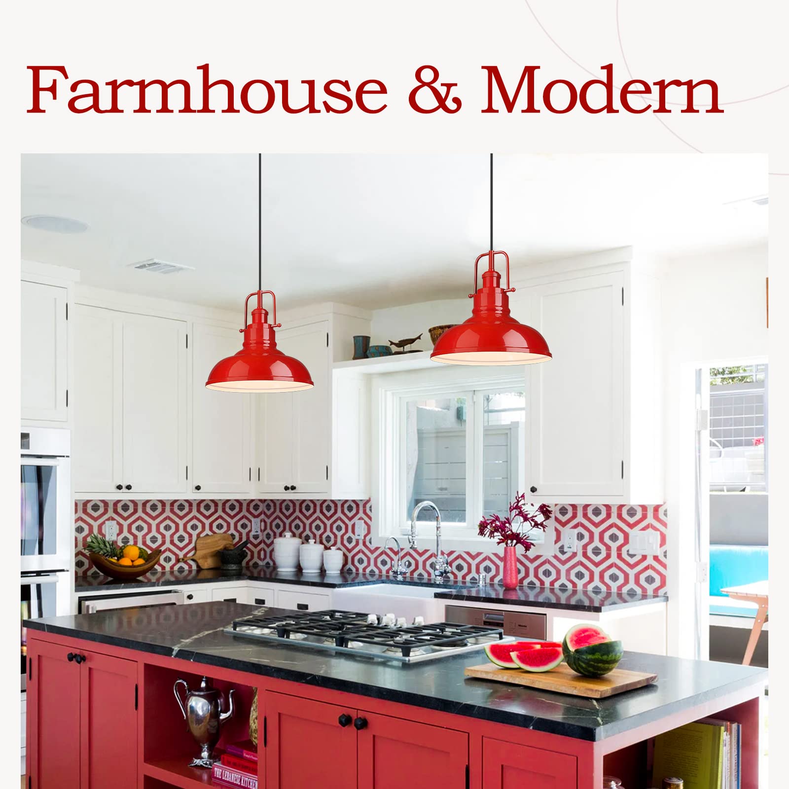 Zeyu 2 Pack Modern Pendant Lights, 11-Inch Kitchen Light Fixtures With Metal Dome Lampshade, Red Finish, 016-1-2Pk Red