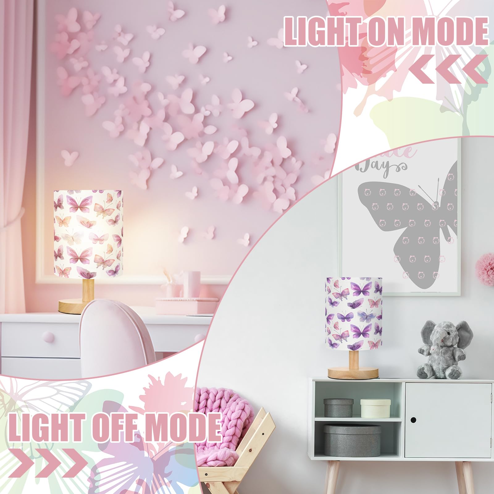 Vihose Butterfly Table Lamp For Bedroom Kids Bedside Lamp With Linen Wooden Nightstand Lamp Cartoon Nursery Lamp Lampshade For G