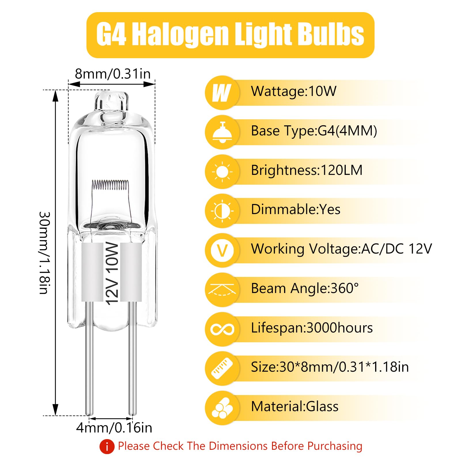 Lurnofy G8 Halogen Light Bulbs,120V 20W Halogen Bulbs 2 Pin,20 Pack Halogen Bulbs Dimmable 2700K Warm White Long Lasting,Flicker