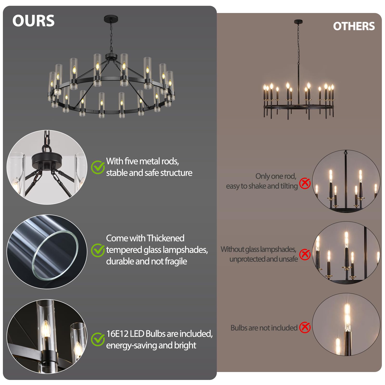 Black Wagon Wheel Chandelier, 48 Inch Chandeliers With Glass Shade, 16-Light Large Chandelier For High Ceiling, Modern Farmhouse