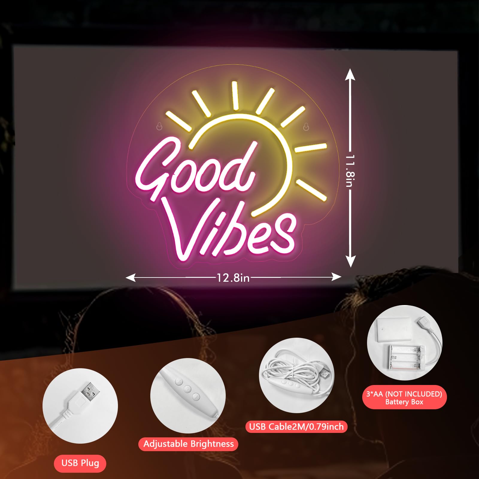 Shellvcase Good Vibes Neon Sign, Acrylic, USB/Battery Powered, 12.8 x 11.8 inches, Good Vibe Color