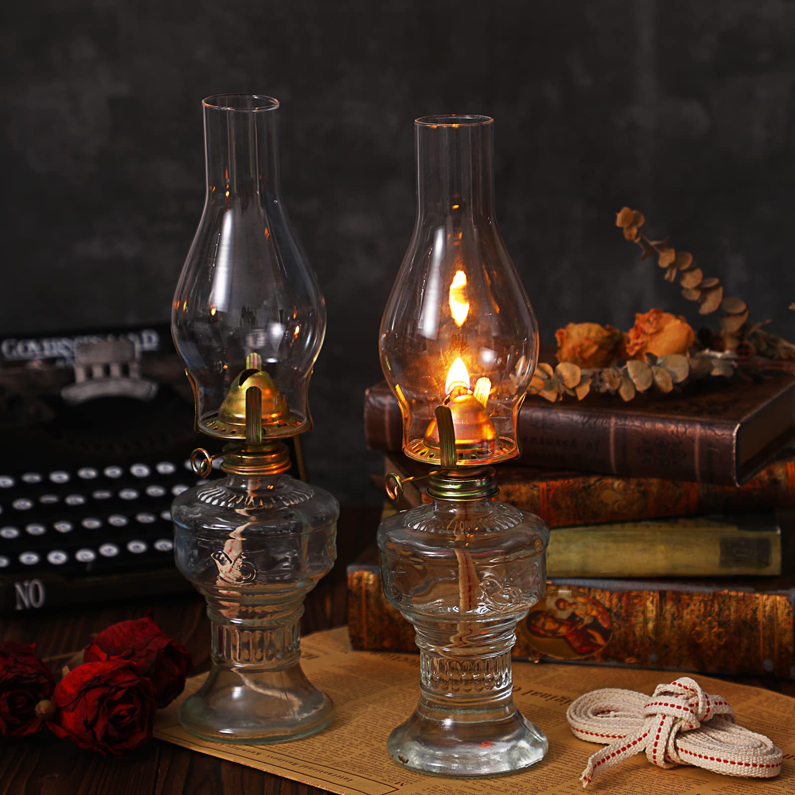 Yexiya 2 Pieces Rustic Oil Lamp Lantern Large Classic Kerosene Lamp Vintage Glass Kerosene Lamp Chamber Oil Lamps with 6.6 ft Ex