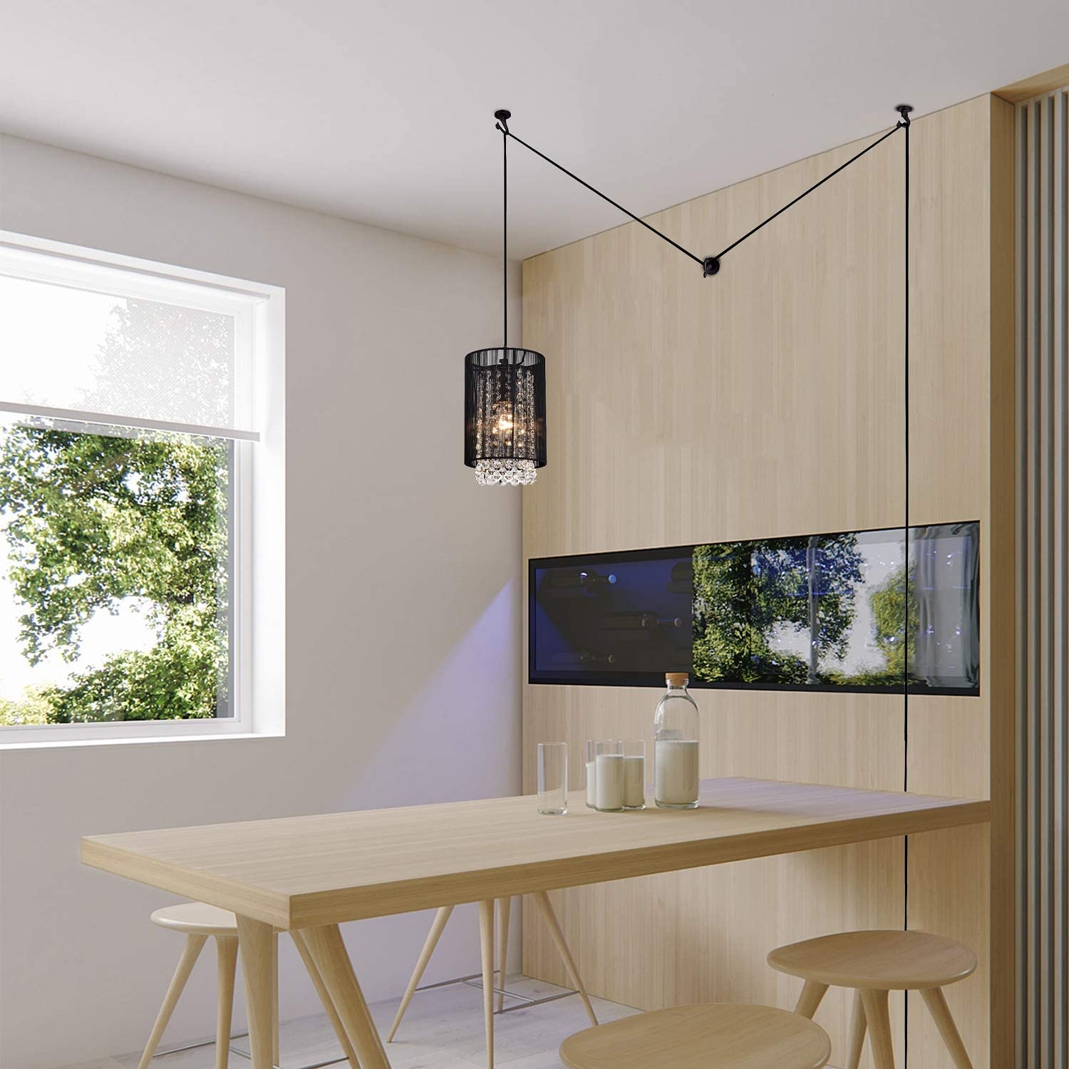 LaLuLa Mini Chandelier, Black Metal and Crystal, 5.9in Easy to Install Light for Bedroom, Nursery, Bathroom, Office